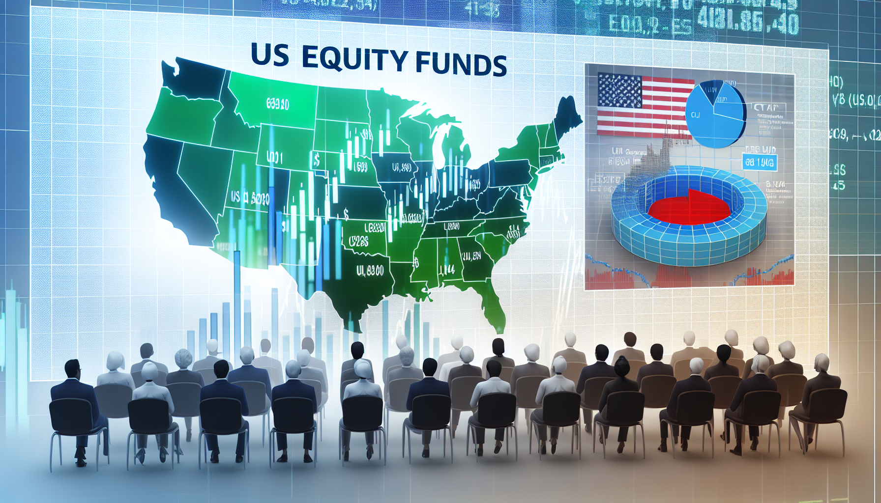 Eine Illustration eines Konzepts im Zusammenhang mit US-Aktienfonds. Die Szene enthält Software-Illustrationen von Aktiencharts, Bilder der Portfolio-Balance, ein 3D-Modell der US-Karte, das die regionale Verteilung der Investitionen zeigt, und ein Tickerband, das am unteren Rand des Bildes entlangläuft und die neuesten Aktienupdates anzeigt. Im Hintergrund ist eine dicht gedrängte Wand von verschiedenen Investoren zu sehen, sowohl Männer als auch Frauen, mit kaukasischer, hispanischer, schwarzer, nahöstlicher und südasiatischer Abstammung, die die Performance dieser Fonds analysieren.