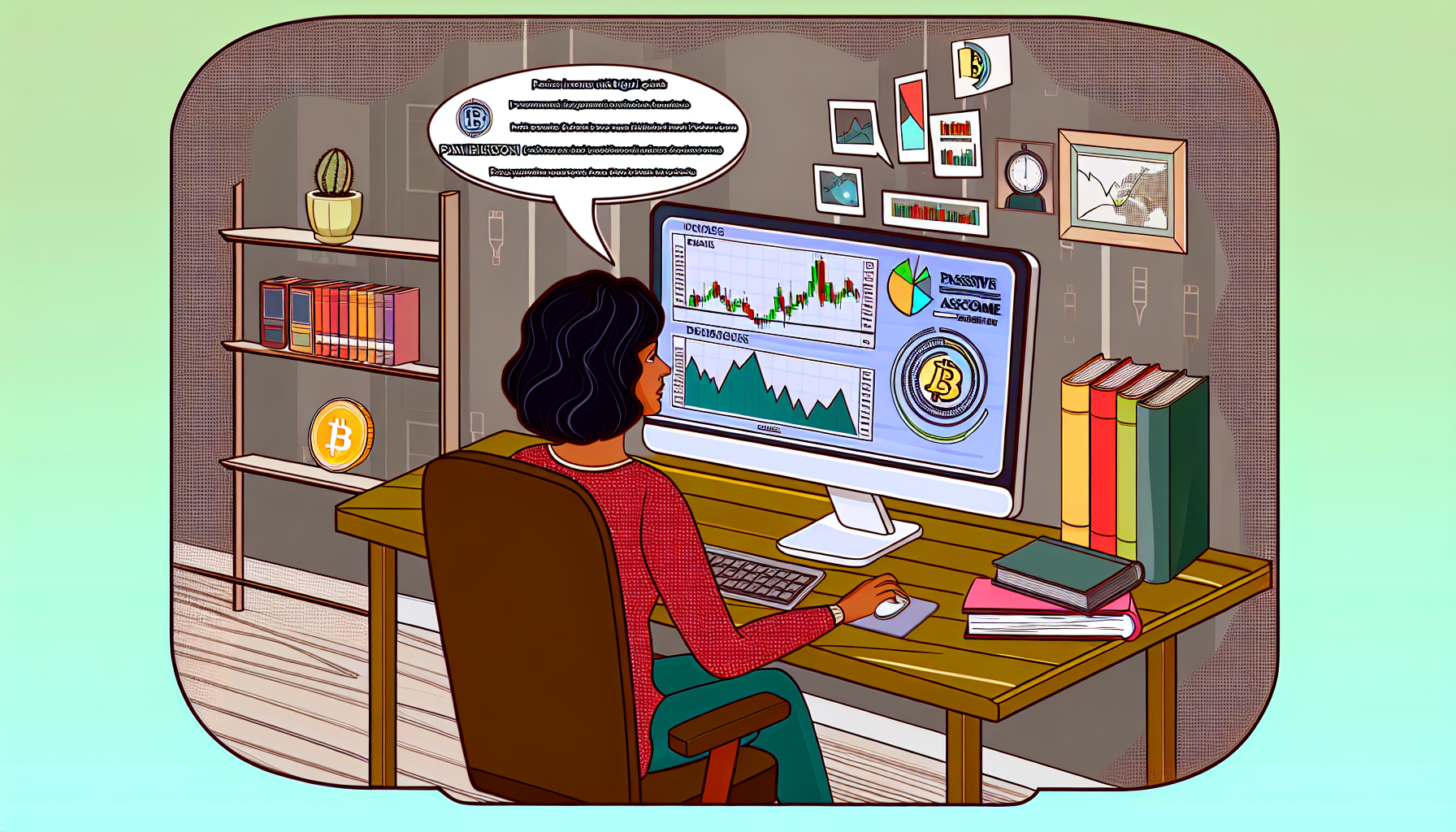 Ein Bild einer Person, die in einem Homeoffice sitzt und am Computer über digitale Währungen studiert. Der Computerbildschirm zeigt verschiedene Diagramme und Grafiken, die den Anstieg und Fall digitaler Vermögenswerte anzeigen. Die Person scheint mittlerer orientalischer Abstammung zu sein und ist eine Frau. Eine Sprechblase, die vom Computerbildschirm kommt, sagt: „Passives Einkommen mit digitalen Vermögenswerten“. Auf dem Schreibtisch sind auch Bücher über Trading, passives Einkommen und digitale Vermögenswerte abgebildet.