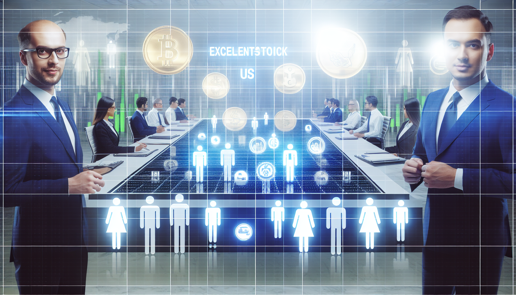Eine visuelle Darstellung ausgezeichneter US-Aktienfonds, die Portfolios auf einem großen Tisch zeigt, der mit symbolischen Darstellungen verschiedener profitabler Branchen wie Technologie, Gesundheitswesen und Immobilien gefüllt ist. Das Bild ist in einer hochprofessionellen Atmosphäre mit futuristischem Touch gestaltet und zeigt Vielfalt, indem es kaukasische und asiatische männliche und weibliche Investoren einbezieht, die an dieser Darstellung teilnehmen.