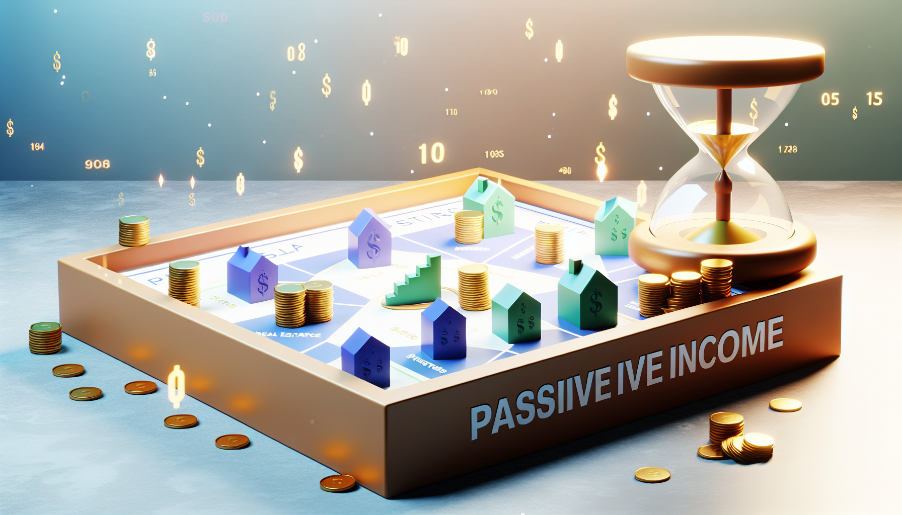 Eine Illustration, die das Konzept des passiven Einkommens durch Strategie darstellt. Sie sollte ein groÃŸes Brettspiel enthalten, mit mehreren Spielfiguren, die verschiedene Anlagestrategien wie Immobilien, Aktien, Anleihen und Unternehmen symbolisieren. AuÃŸerdem sollte eine Sanduhr vorhanden sein, die den Fluss der Zeit anzeigt, sowie ein Haufen GoldmÃ¼nzen, der Ã¼ber das Spielbrett auf einen Tisch Ã¼berlÃ¤uft und das im Laufe der Zeit generierte passive Einkommen symbolisiert. Die AtmosphÃ¤re sollte ruhig und gelassen sein, was die stetige, stressfreie Natur des passiven Einkommens verdeutlicht.