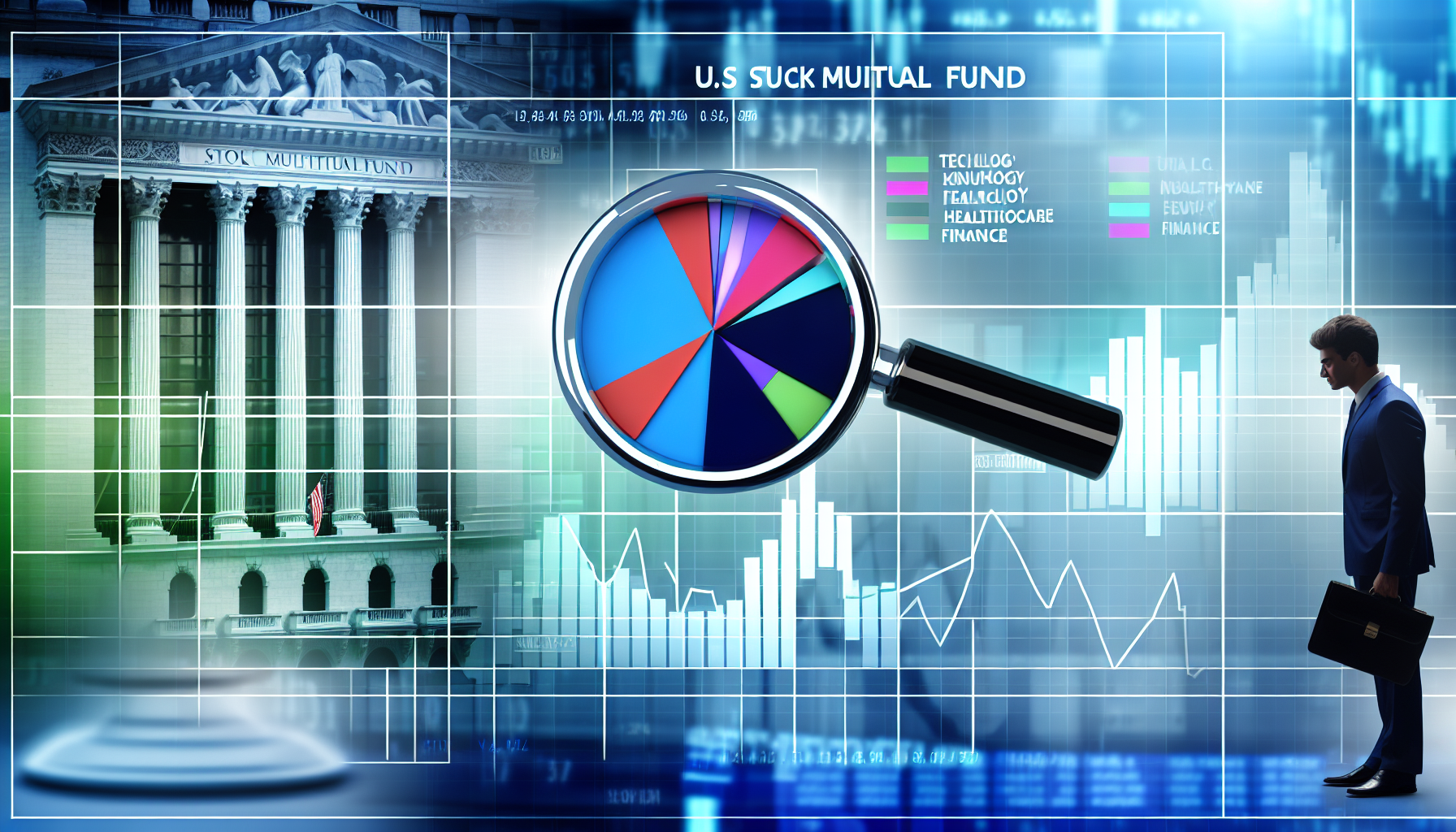 Eine visuelle Darstellung eines US-Aktienfonds, symbolisiert durch ein Kreisdiagramm, das verschiedene Sektoren der Wirtschaft wie Technologie, Gesundheitswesen, Finanzen usw. zeigt. Der Hintergrund zeigt Symbole des Finanzmarktes, wie die Wall Street oder eine Börse. Im Vordergrund schwebt eine Lupe über dem Kreisdiagramm, die auf eine detaillierte Analyse oder Untersuchung der Portfoliostruktur hinweist.