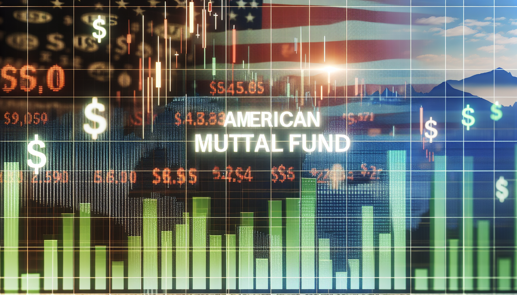 Eine Übersicht über amerikanische Investmentfonds vor dem Hintergrund einer finanziellen Landschaft. Die Darstellung umfasst Diagramme, Grafiken und Marktindikatoren, die mit US-Aktieninvestitionen in Verbindung stehen. Die Bilder sollten Dollar-Symbole, Balkendiagramme, die Wachstum oder Rückgang anzeigen, sowie verschiedene Grüntöne und Rottöne enthalten, die Markttrends darstellen. Die Ansicht könnte ähnlich sein wie das, was man auf einer Handelsplattform oder einem Finanznachrichtensender sehen würde.