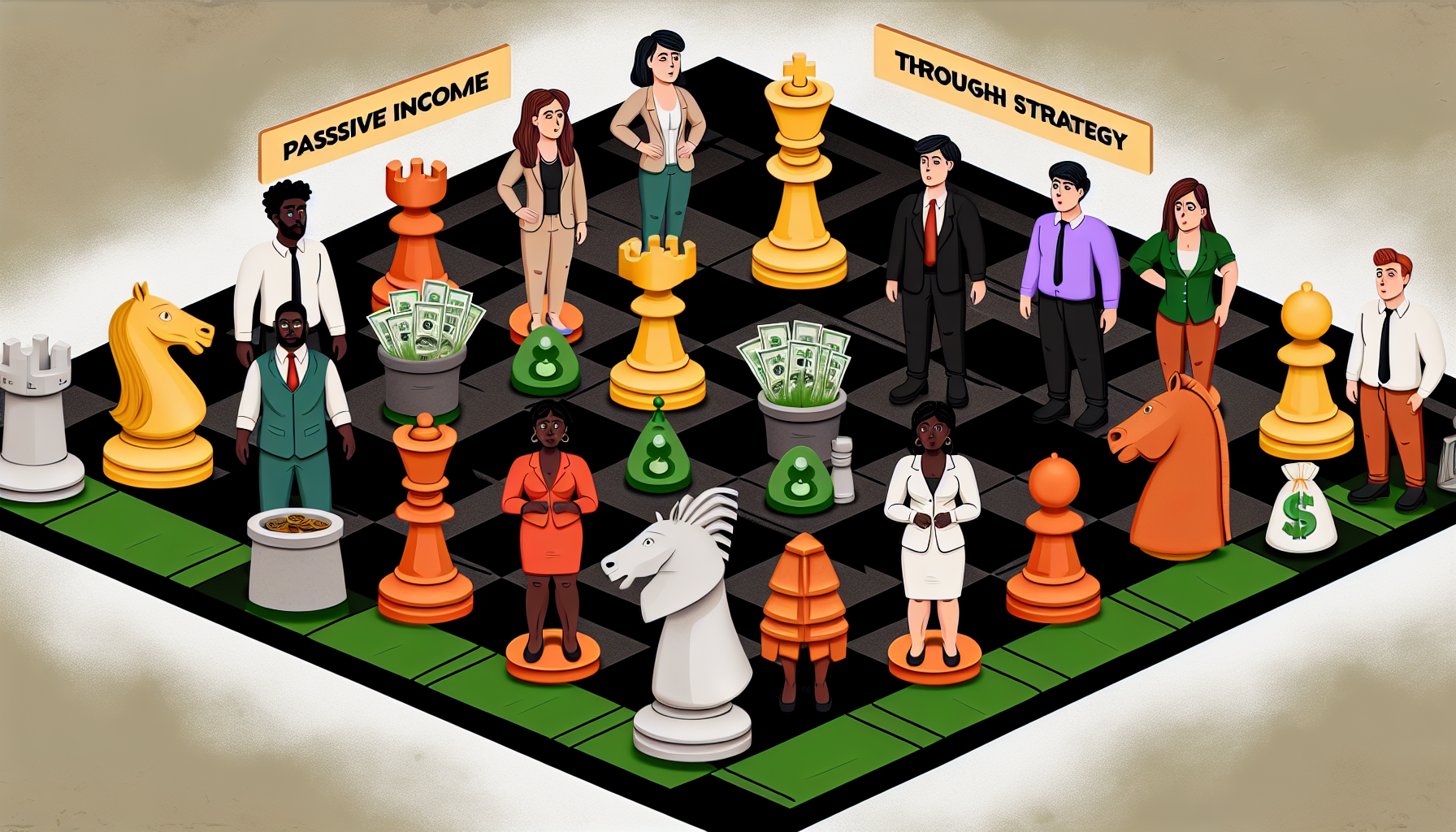 Eine Illustration, die das Konzept des passiven Einkommens durch Strategie zeigt. Visualisieren Sie ein Schachbrett mit verschiedenen Schachfiguren: Dame, König, Läufer, Springer, Turm und Bauern. Die Schachfiguren sind anthropomorphisiert als Menschen unterschiedlicher Abstammung, wie Kaukasier, Hispanics, Schwarze, Menschen aus dem Nahen Osten und Südasien, die in Geschäftskleidung gekleidet sind. Jede Schachfigur beschäftigt sich auch mit verschiedenen Formen von Investitionen wie Aktien, Immobilien, freiberuflicher Arbeit und digitalen Plattformen. Diese strategische Spielszene ist so gestaltet, dass sie diversifizierte Einkommensmethoden symbolisiert, die als strategischer Schritt in Richtung finanzieller Freiheit dienen.