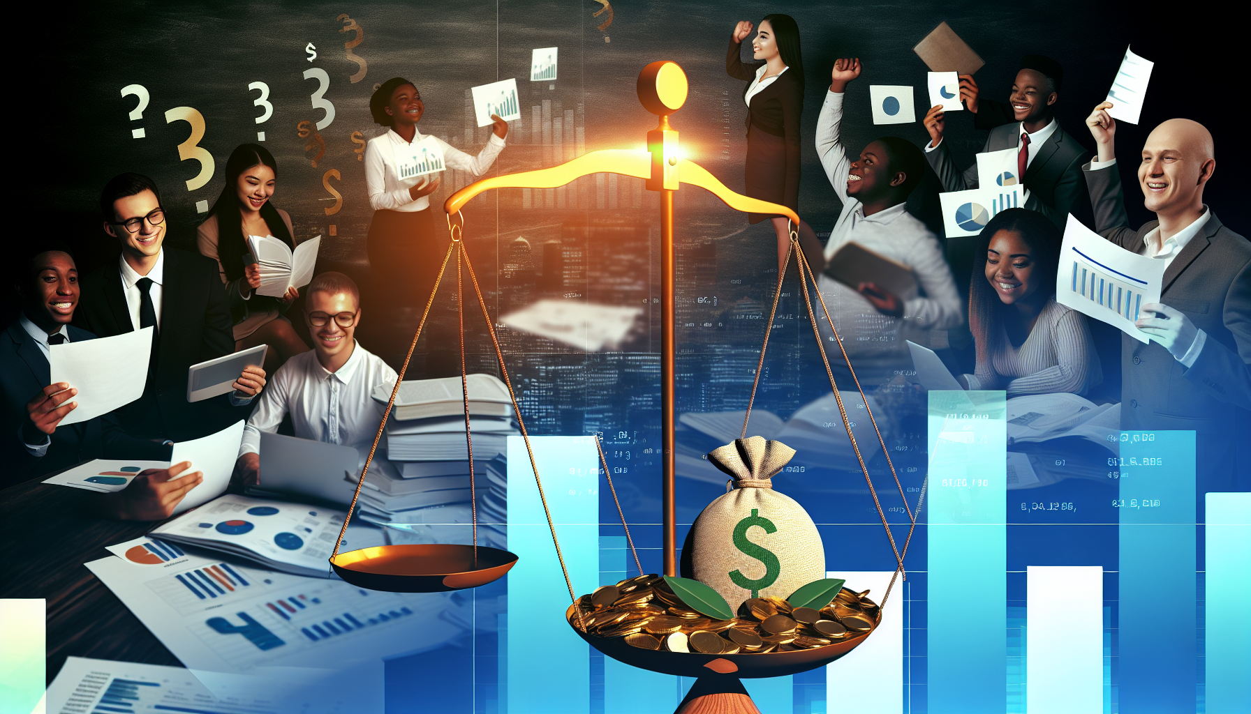 Eine visuelle Darstellung von passivem Einkommen, das durch strategische Planung erreicht wird. Im Vordergrund sind gut ausgewogene Waagen zu sehen, die finanzielles Gleichgewicht symbolisieren, mit Investitionsunterlagen und Strategie-Diagrammen auf der einen Seite und einem Haufen Goldmünzen auf der anderen. Im Hintergrund wird eine vielfältige Gruppe von Menschen unterschiedlicher Abstammung dargestellt, darunter Kaukasier, Hispanics, Schwarze, Menschen aus dem Nahen Osten und Südasien, die Investitionsstrategien auf digitalen Geräten und in Lehrbüchern studieren. Sie könnten als erfolgreiche Investoren dargestellt werden, die ihre finanziellen Gewinne feiern. Ihre Gesichter zeigen eine Mischung aus Freude und Konzentration, die die Zufriedenheit des passiven Einkommens widerspiegelt.