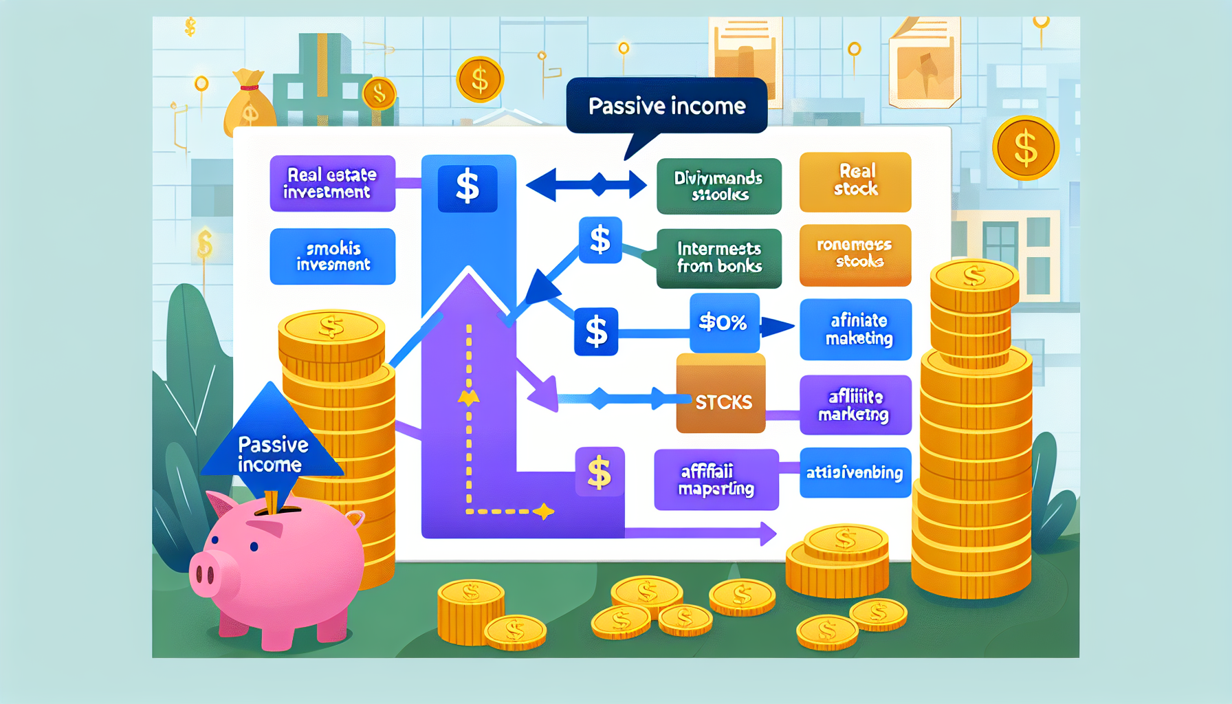 Eine Illustration eines Strategie-Diagramms, das verschiedene Möglichkeiten zur Erzielung von passivem Einkommen zeigt. Das Diagramm sollte detailliert und farblich codiert sein, um eine einfache Interpretation zu ermöglichen. Es könnte Methoden wie Immobilieninvestitionen, Dividenden aus Aktien, Zinsen aus Anleihen, Tantiemen aus Büchern oder Musik, Affiliate-Marketing oder Mietobjekte umfassen. Der Hintergrund zeigt Symbole des Reichtums wie Geldstapel, goldene Münzen und ein Sparschwein für ästhetische Anziehungskraft.