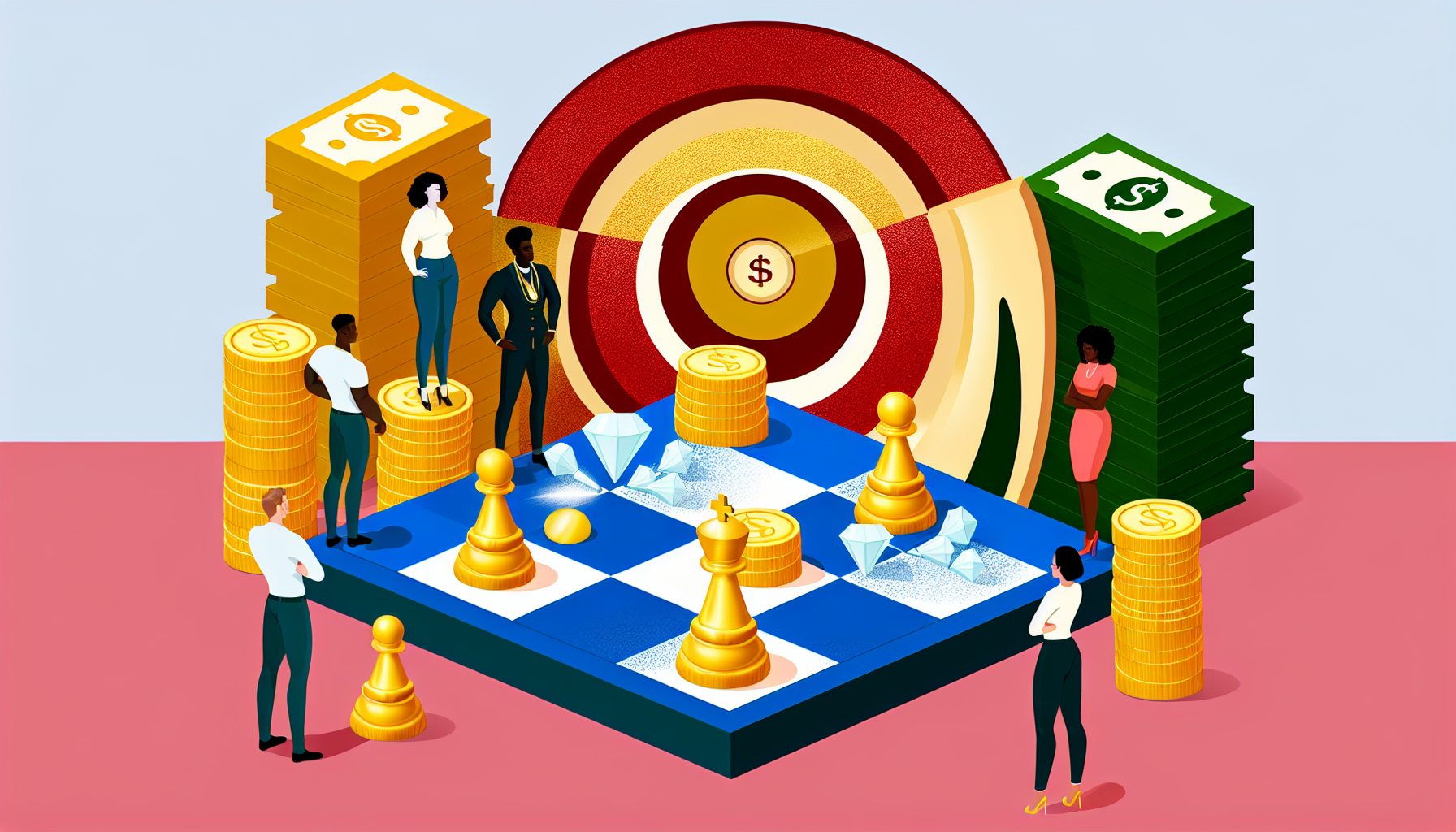 Eine Illustration, die passives Einkommen durch Strategie darstellt. Vielleicht ein Schachbrett mit Figuren aus Gold- und SilbermÃ¼nzen, die in einer strategischen Position aufgestellt sind. Neben dem Brett steht eine vielfÃ¤ltige Gruppe von Figuren, die das Spiel bewerten - eine kaukasische Frau, ein schwarzer Mann und eine hispanische Frau. Im Hintergrund befindet sich ein Zielscheiben-Symbol, das das Ziel symbolisiert. In der Mitte der Zielscheibe liegt ein Haufen ReichtÃ¼mer wie GoldmÃ¼nzen, Geldscheine und Diamanten, um den VermÃ¶gensaufbau darzustellen.