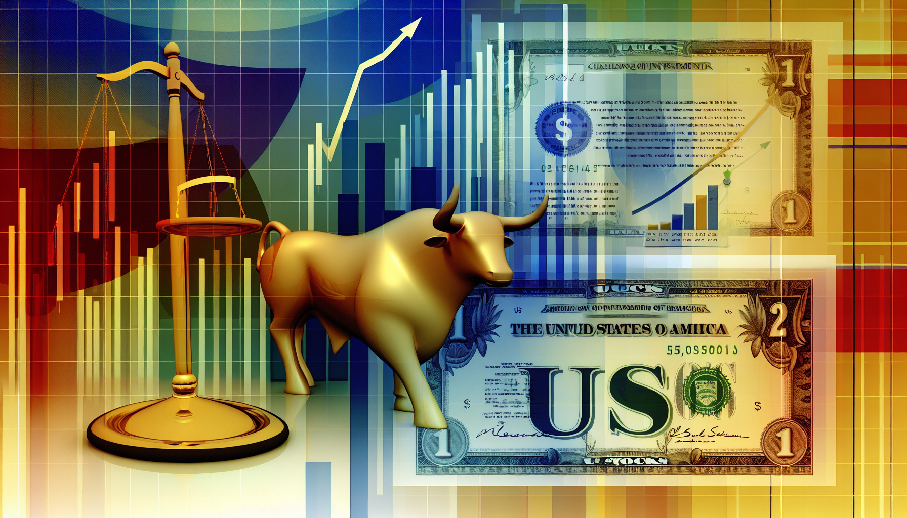 Ein abstraktes Konzept eines US-Aktienfonds. Der Fonds wird durch einen groÃŸen, symbolischen goldenen Bullen dargestellt, neben einem Diagramm, das einen positiven Wachstumstrend zeigt. Im Hintergrund ist eine Waage zu sehen, die das Gleichgewicht der Investitionen anzeigt. Im Vordergrund befinden sich Aktienzertifikate mit dem Aufdruck 'US', die US-Aktien symbolisieren. Die Elemente sind kÃ¼nstlerisch mit einer Farbpalette aus Blau-, Gold- und GrÃ¼ntÃ¶nen prÃ¤sentiert. Das Bild enthÃ¤lt keinen Text oder reale PersÃ¶nlichkeiten.