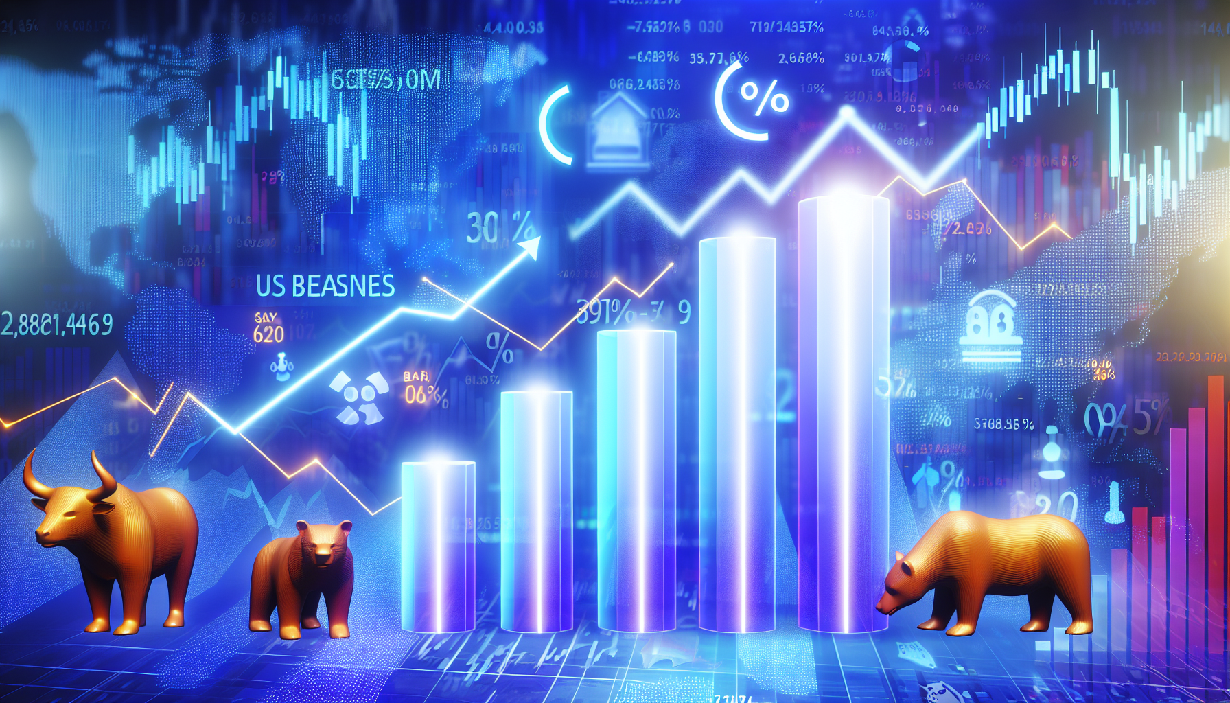 Eine hervorragende Auswahl an US-Aktienfonds, visualisiert als Grafiken, die vor einem dynamischen finanziellen Hintergrund nach oben steigen. Die Grafiken sollten hell leuchten und hervorragende Leistungen darstellen. Sie sind umgeben von verschiedenen finanziellen Elementen wie Bullen- und Bärenfiguren, Diagrammen, Zahlen und Prozentzeichen, um die Volatilität des Aktienhandels zu symbolisieren.