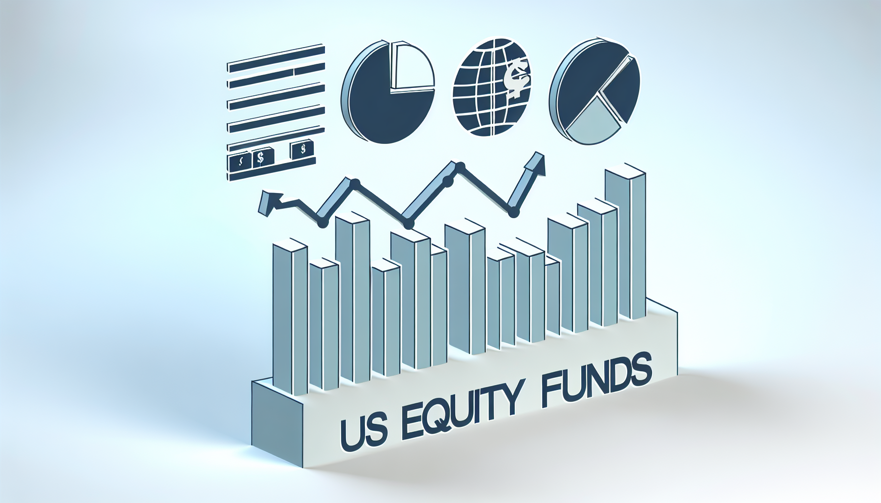 Eine grafische Darstellung von US-Aktienfonds. Die Grafik sollte typische Elemente zeigen, die man mit Aktienmarktinvestitionen assoziiert, wie z.B. Liniendiagramme, die das Wachstum darstellen, Tortendiagramme, die die VermÃ¶gensaufteilung reprÃ¤sentieren, und Symbole, die auf die US-Wirtschaft verweisen. Bitte verwenden Sie dezente Farben, um verschiedene Informationen zu unterscheiden, und stellen Sie sicher, dass das Bild leicht verstÃ¤ndlich ist.