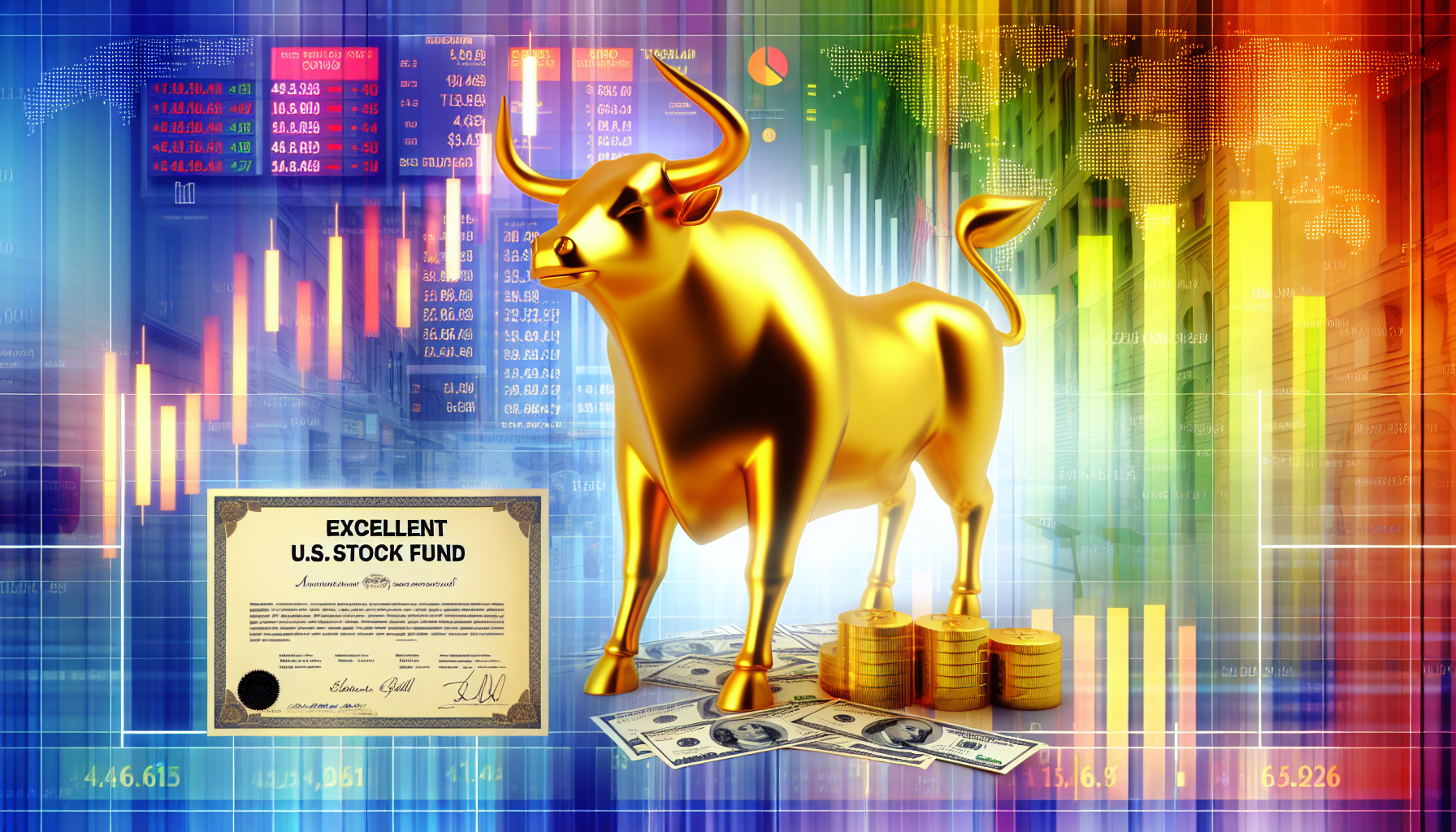Ein hervorragender US-Aktienfonds, visualisiert als goldener Stier vor einer Wall-Street-Kulisse. Der Stier symbolisiert Wohlstand und Positivität an der Börse. Es gibt auch Diagramme und Grafiken, die die Performance des Fonds darstellen und einen Aufwärtstrend zeigen. Darüber hinaus sind Zertifikate und Geldscheine herum verteilt, um den Reichtum anzuzeigen, der in diese Fonds investiert ist. Die Szenerie ist lebhaft und dynamisch und vermittelt die geschäftige und energiegeladene Natur des Aktienmarktes.