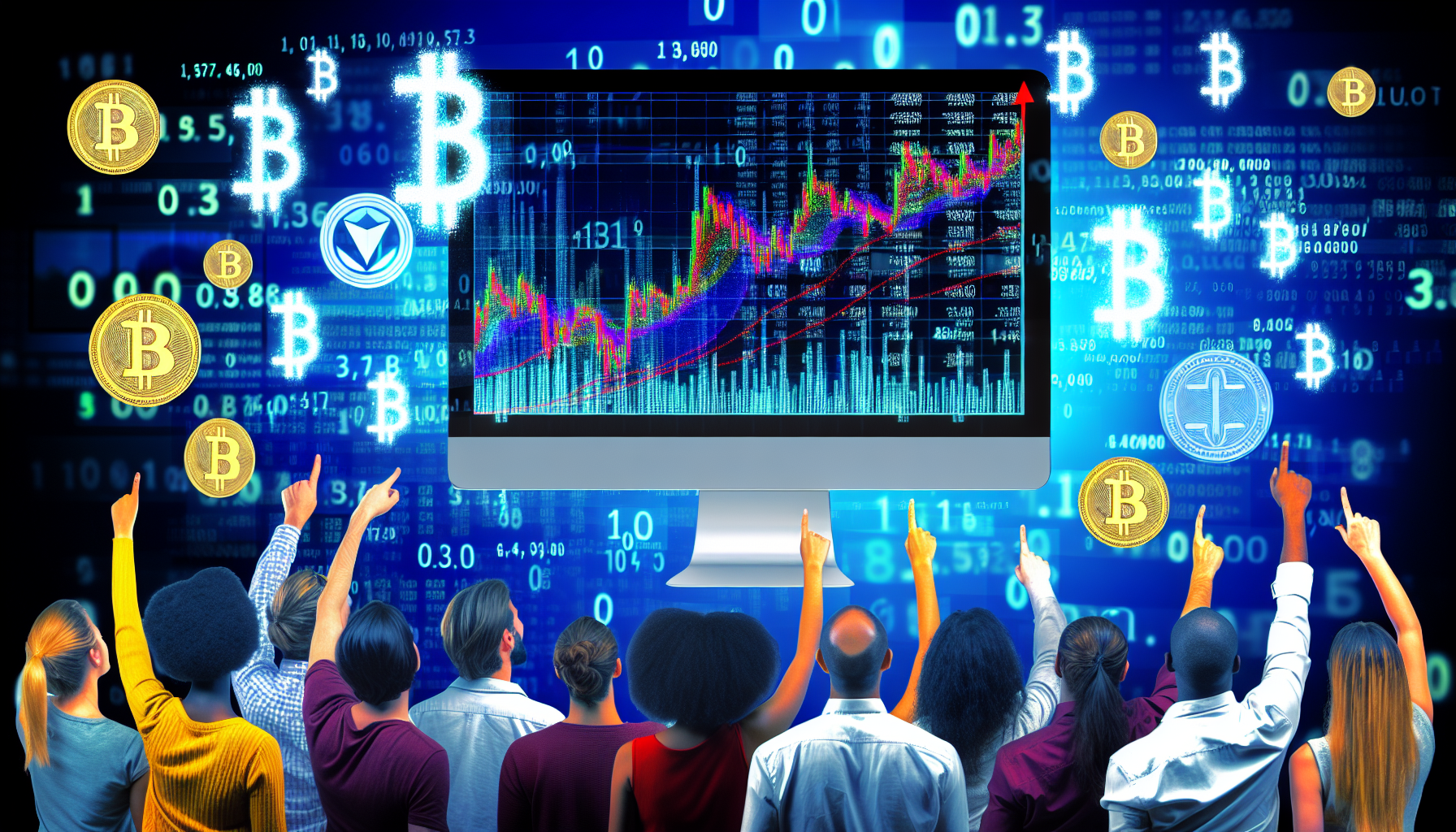 Stellen Sie sich ein Konzept der passiven Einkommensgenerierung durch digitale VermÃ¶genswerte vor. Visualisieren Sie einen Computerbildschirm, der mit Finanzcharts gefÃ¼llt ist, die die Leistung verschiedener KryptowÃ¤hrungen und NFTs widerspiegeln. Eine multikulturelle Gruppe von Menschen beobachtet die Daten auf dem Bildschirm. Alle sehen zufrieden aus, wÃ¤hrend die Zahlen auf dem Monitor einen AufwÃ¤rtstrend anzeigen, der ihr passives Einkommen aus diesen digitalen VermÃ¶genswerten symbolisiert. Um sie herum schweben einige digitale MÃ¼nzen und Banknoten, auf denen Einsen und Nullen Ã¼berlagert sind, was die digitale Natur des Einkommens signalisiert.
