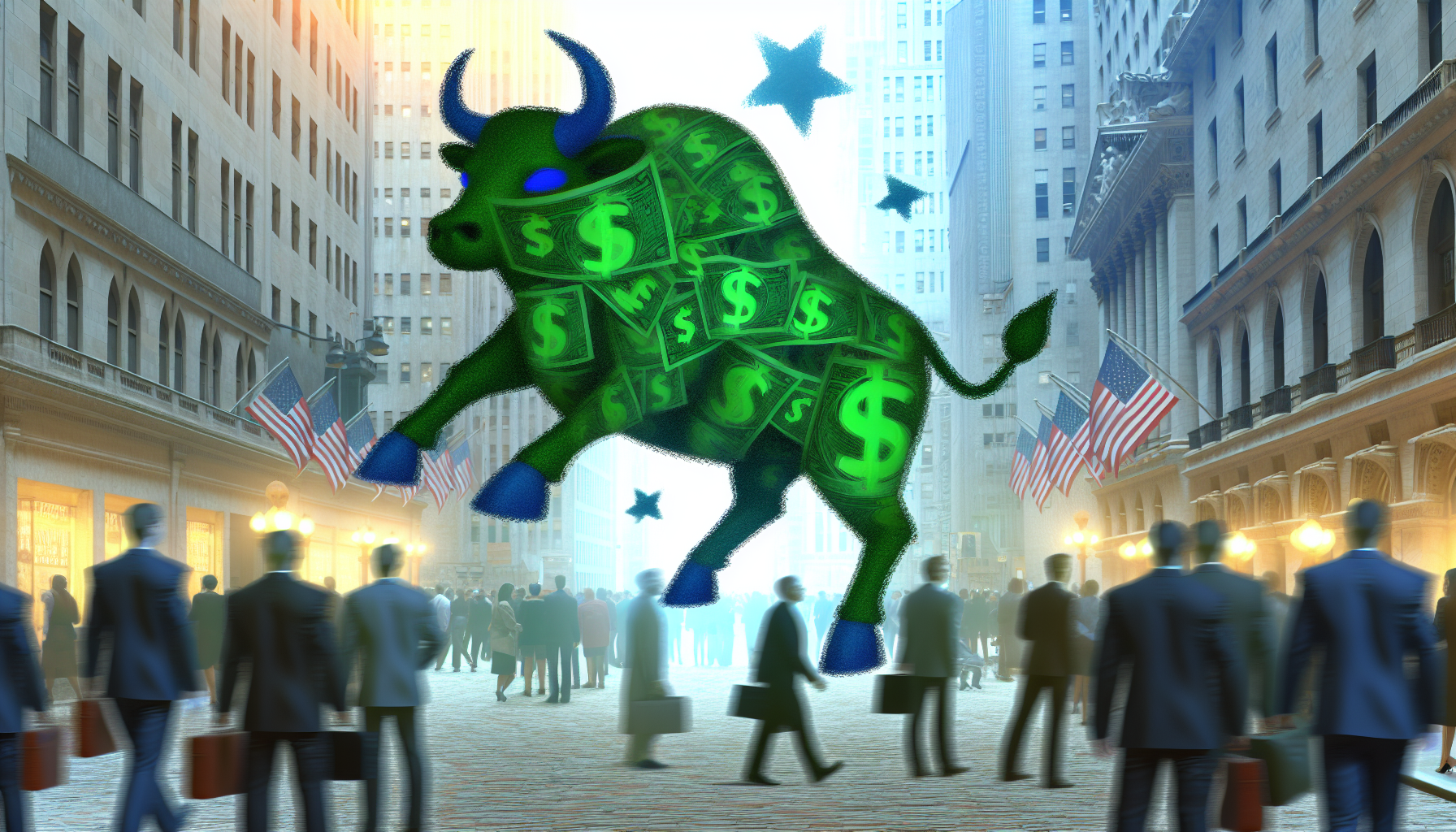 Illustration eines Konzepts, das mit US-basierten Aktienfonds verbunden ist. Stellen Sie es als abstrakte Darstellung dar: ein massiver Bulle (Symbol fÃ¼r einen bullischen Markt), der aus grÃ¼nen und blauen Dollars besteht und in einen mit Sternen gefÃ¼llten Himmel aufsteigt, was Wachstum und Potenzial symbolisiert. Dies sollte in einem traditionellen, geschÃ¤ftigen Wall-Street-Setting stattfinden, in dem Menschen fasziniert zuschauen, wÃ¤hrend der Bulle aufsteigt. Visuell sollte der Bulle von den Zuschauern getrennt sein, um seine GrÃ¶ÃŸe und Wirkung zu betonen.