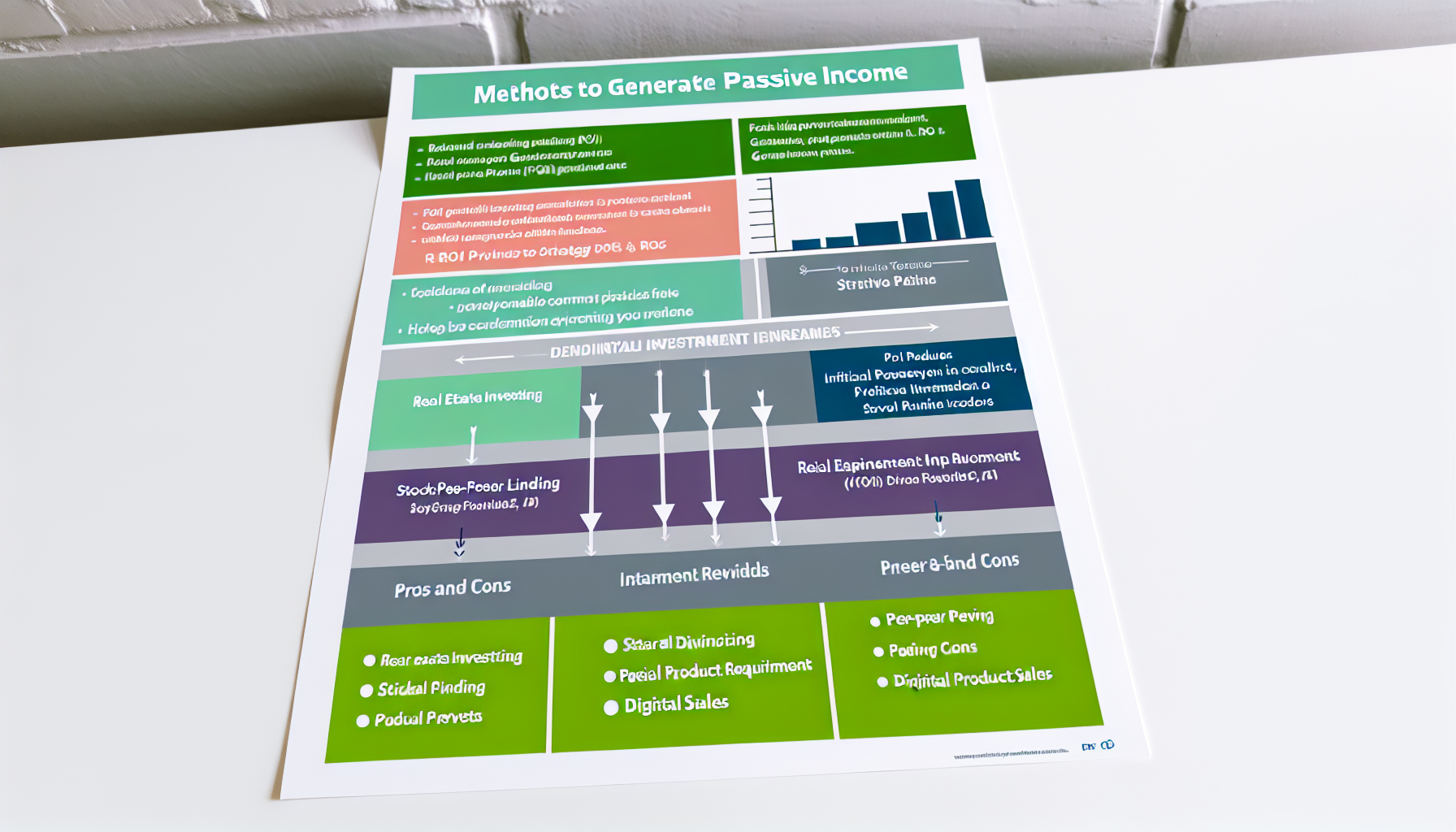 Ein Strategie-Diagramm, das Methoden zur Generierung von passivem Einkommen veranschaulicht. Das Diagramm hat mehrere Ebenen, die jeweils eine andere Methode darstellen, wie Immobilieninvestitionen, Aktien-Dividenden, Peer-to-Peer-Kredite und den Verkauf digitaler Produkte. Jede Ebene enth&Atilde;&curren;lt detaillierte Erkl&Atilde;&curren;rungen, Vor- und Nachteile, Anforderungen an die Anfangsinvestition und m&Atilde;&para;gliche Renditequoten. Das Diagramm ist farblich codiert, um eine einfachere Unterscheidung zwischen den einzelnen Strategien zu erm&Atilde;&para;glichen, und enth&Atilde;&curren;lt am Ende einen ROI-Rechner.