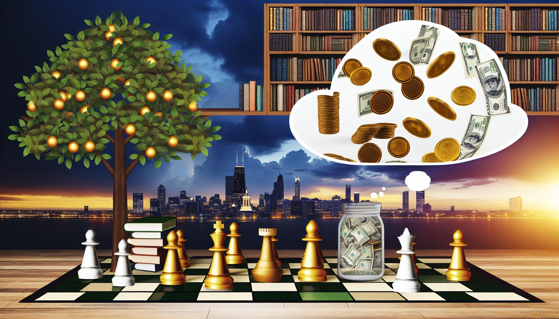 Visualisieren Sie das Konzept des passiven Einkommens, das durch strategisches Denken erreicht wird. Stellen Sie eine umfangreiche Bibliothek mit Büchern zu Finanzen und Strategie dar. Fügen Sie ein Schachbrett hinzu, auf dem die Figuren in einer gewinnenden Position platziert sind, was strategische Planung symbolisiert. Darüber hinaus stellen Sie einen Baum dar, dessen Früchte aus goldenen Münzen bestehen und in ein immer überflutetes Glas fallen, was passives Einkommen verkörpert. Verwenden Sie als Hintergrund die Skyline, die den frühen Morgen zeigt, als Symbol für neue Anfänge und endlose Möglichkeiten.