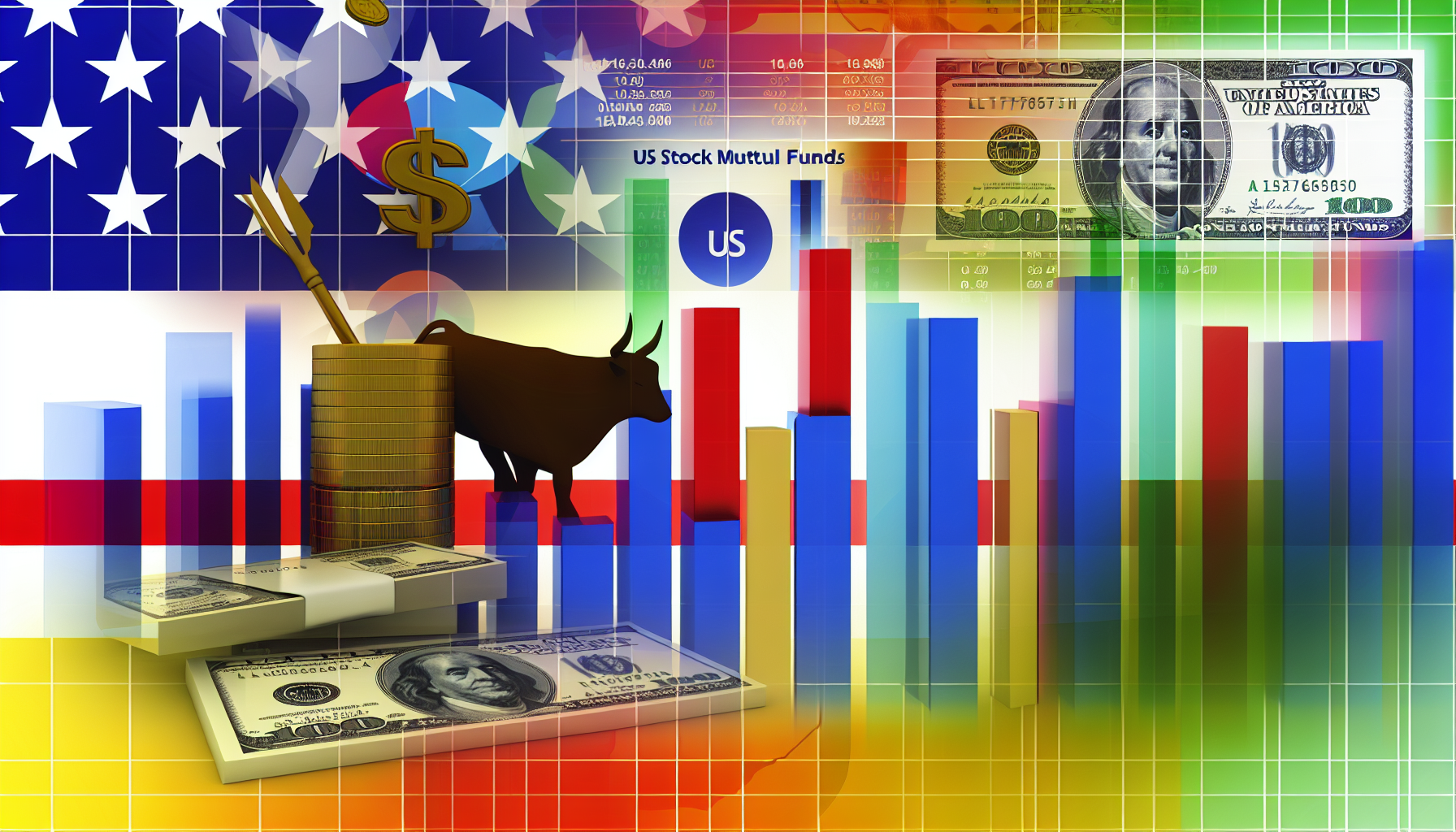 Ein Bild, das das Konzept von US-Aktienfonds veranschaulicht. Dies könnte ein Balkendiagramm umfassen, das die Performance verschiedener Fonds über die Zeit zeigt, Dollar-Scheine, Münzen, Aktienzertifikate oder einen Bullen und einen Bären, die die Schwankungen des Marktes darstellen. Die Farben können kräftig und lebhaft sein, um die Dynamik des Marktes zu signalisieren.