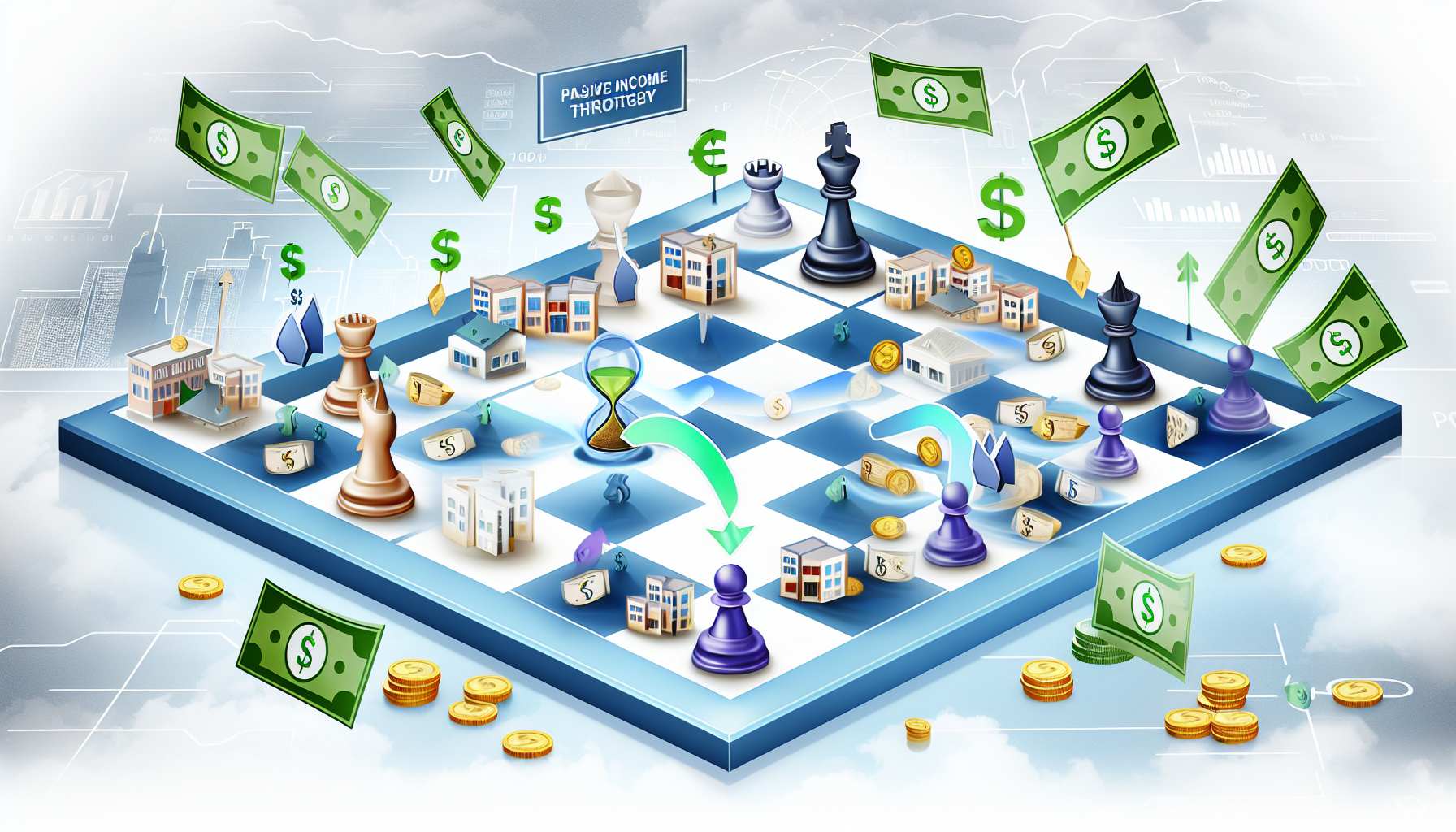 Eine Illustration, die das Konzept des passiven Einkommens durch Strategie zeigt. Sie zeigt ein Spielbrett mit verschiedenen Arten von Investitionen wie Immobilien, Aktien und Anleihen. Verschiedene Schachfiguren repräsentieren verschiedene Investitionsstrategien. Das Schachbrett ist mit Symbolen für Geld gefüllt, wie Währungen, Münzen und Banknoten. Die Schachfiguren manövrieren durch diese Symbole, was strategische Planung und Entscheidungsfindung anzeigt. Im Hintergrund gibt es einen Fluss von Münzen, der das kontinuierliche Einkommen darstellt, das durch diese Strategien erzielt wird. All dies repräsentiert den Prozess der Generierung von passivem Einkommen. Außerdem sollte irgendwo im Bild eine Sanduhr zu sehen sein, die die Zeit darstellt, den entscheidendsten Faktor für passives Einkommen.
