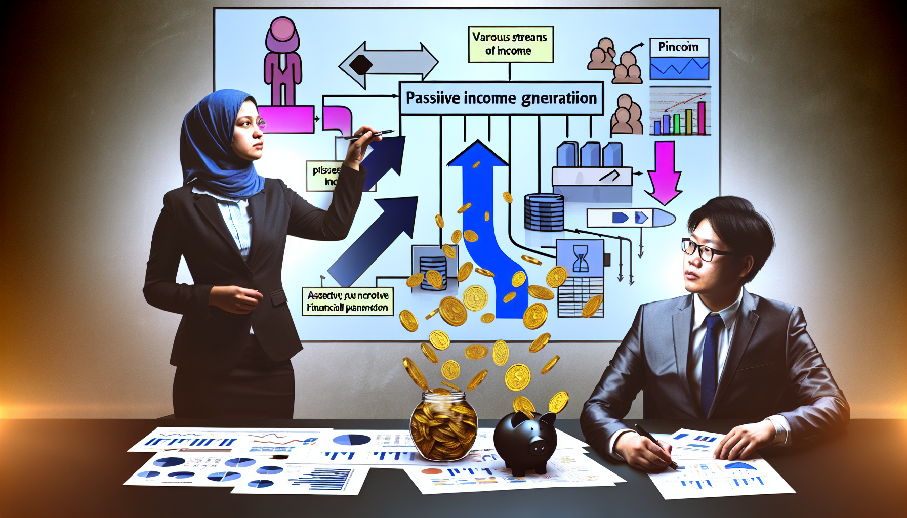 Eine illustrative Visualisierung, die die Generierung von passivem Einkommen durch strategische Finanzplanung darstellt. Zeigen Sie zwei Personen, die Finanzstrategien planen und diskutieren. Eine Person ist eine Frau aus dem Nahen Osten in professioneller Kleidung, die an einem digitalen Board ein detailliertes Flussdiagramm bearbeitet. Auf dem Diagramm sind verschiedene Einkommensstr&Atilde;&para;me und mehrere Pfeile, die den Fluss darstellen, abgebildet. Die andere Person, ein asiatischer Mann im Anzug, sitzt auf der anderen Seite eines Tisches, vor ihm liegen Unterlagen mit Grafiken und Berechnungen zur Finanzplanung. F&Atilde;&frac14;gen Sie Symbole hinzu, wie fallende Goldm&Atilde;&frac14;nzen, die in ein Sparschwein gelangen, um das Konzept des passiven Einkommens darzustellen.