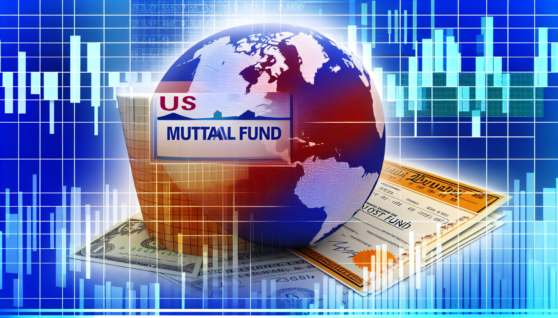 Eine detaillierte Darstellung eines US-Investmentfonds oder Aktienfonds, der eine Sammlung von Aktien umfasst, die oft eine Vielzahl von Unternehmen beinhaltet. Das Bild sollte eine Komposition zeigen, die das Wesen des Aktienhandels verk&Atilde;&para;rpert, und verschiedene Elemente wie Aktienzertifikate, Grafiken, die Wachstum und R&Atilde;&frac14;ckgang darstellen, sowie vielleicht einen Globus, um globale Investitionen zu symbolisieren, enthalten. Bitte verwenden Sie eine Mischung aus grafischem und realistischem Stil, wobei lebendige Farben und klar definierte Elemente integriert werden.