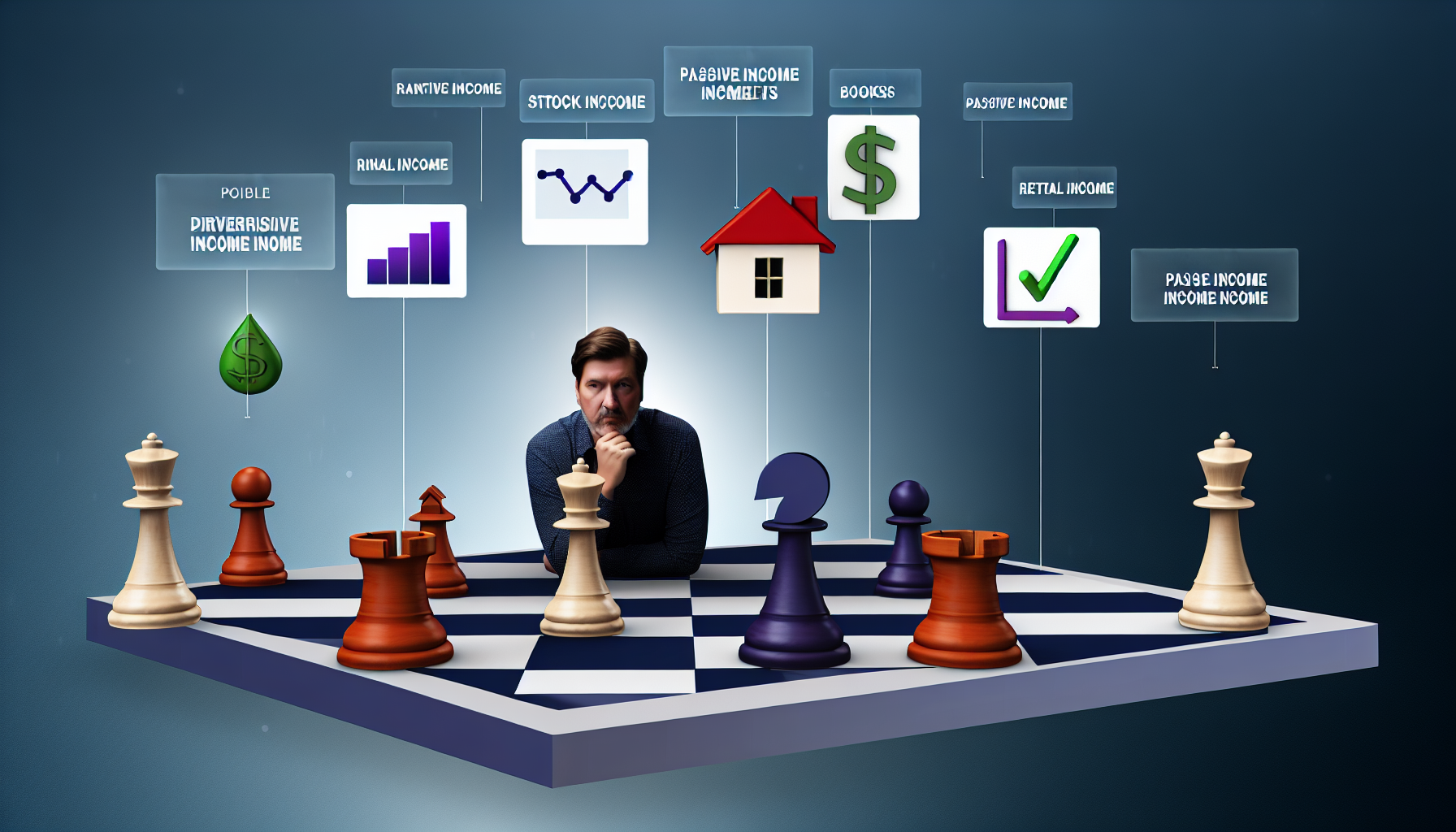 Eine Illustration, die das Konzept des passiven Einkommens durch Strategie veranschaulicht, zeigt einen kaukasischen Mann, der vor einem Schachbrett sitzt. Die Schachfiguren sind durch miniature symbolische Icons ersetzt, wie ein Dollarzeichen, ein Haus, ein Aktienmarkt-Diagramm und ein Buch, die verschiedene Optionen für passives Einkommen wie Mieteinnahmen, Aktieninvestitionen und Tantiemen aus einem Buch symbolisieren. Der Mann analysiert diese Figuren nachdenklich, was strategische Planung für eine diversifizierte Einkommensquelle bedeutet.