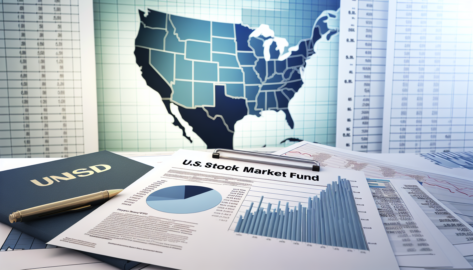 Ein Übersichtsbild eines US-Aktienmarktfonds, das Finanzdokumente, Grafiken und statistische Analysen zeigt. Im Vordergrund sollte ein Diagramm zu sehen sein, das die Performance des Fonds darstellt, sowie ein Dokument, das das Portfolio des Fonds detailliert, alles auf einem Tisch in einem Büroumfeld. Im Hintergrund sollte eine Karte der Vereinigten Staaten enthalten sein, um die geografischen Implikationen des Fonds anzudeuten.