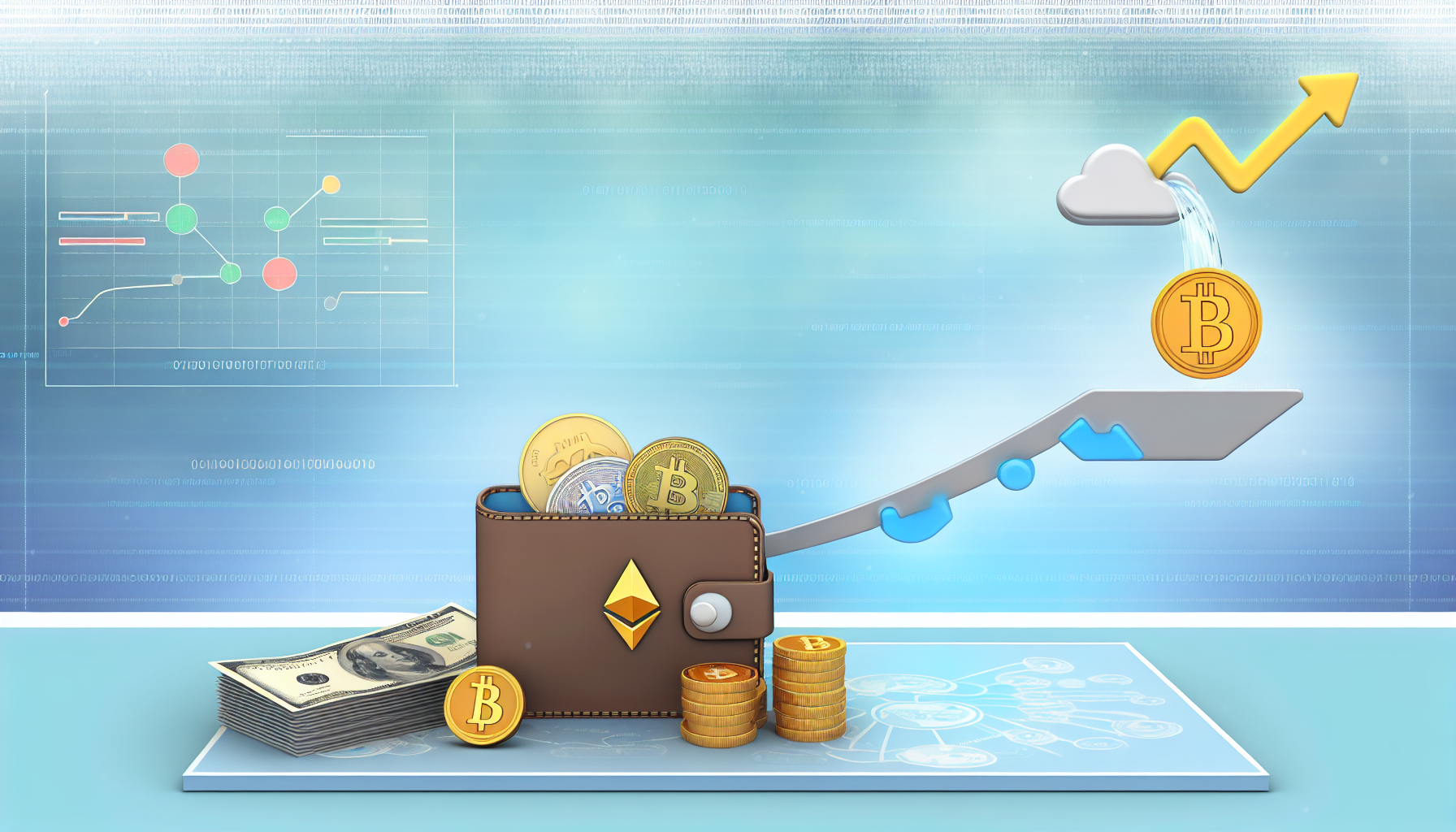 Eine Konzeptillustration, die das Konzept des passiven Einkommens unter Verwendung digitaler Vermögenswerte zeigt. Es gibt eine digitale Brieftasche, die mit verschiedenen Kryptowährungen wie Bitcoin und Ethereum gefüllt ist, und einen Fluss von Münzen aus der Brieftasche, der metaphorisch den Strom des passiven Einkommens darstellt. Dieser Strom landet sicher in einem ausgewogenen Haufen von Banknoten und digitalem Geld. Der Hintergrund ist in einem hellen Blauton gehalten, mit subtil eingearbeitetem Binärcode, der die digitale Welt repräsentiert. An der Seite ist eine Darstellung eines Diagramms zu sehen, das das schrittweise Wachstum des Einkommens zeigt. Es ist zu beachten, dass alle verwendeten Symbole allgemein sind und keine realen oder spezifischen finanziellen Entitäten repräsentieren.