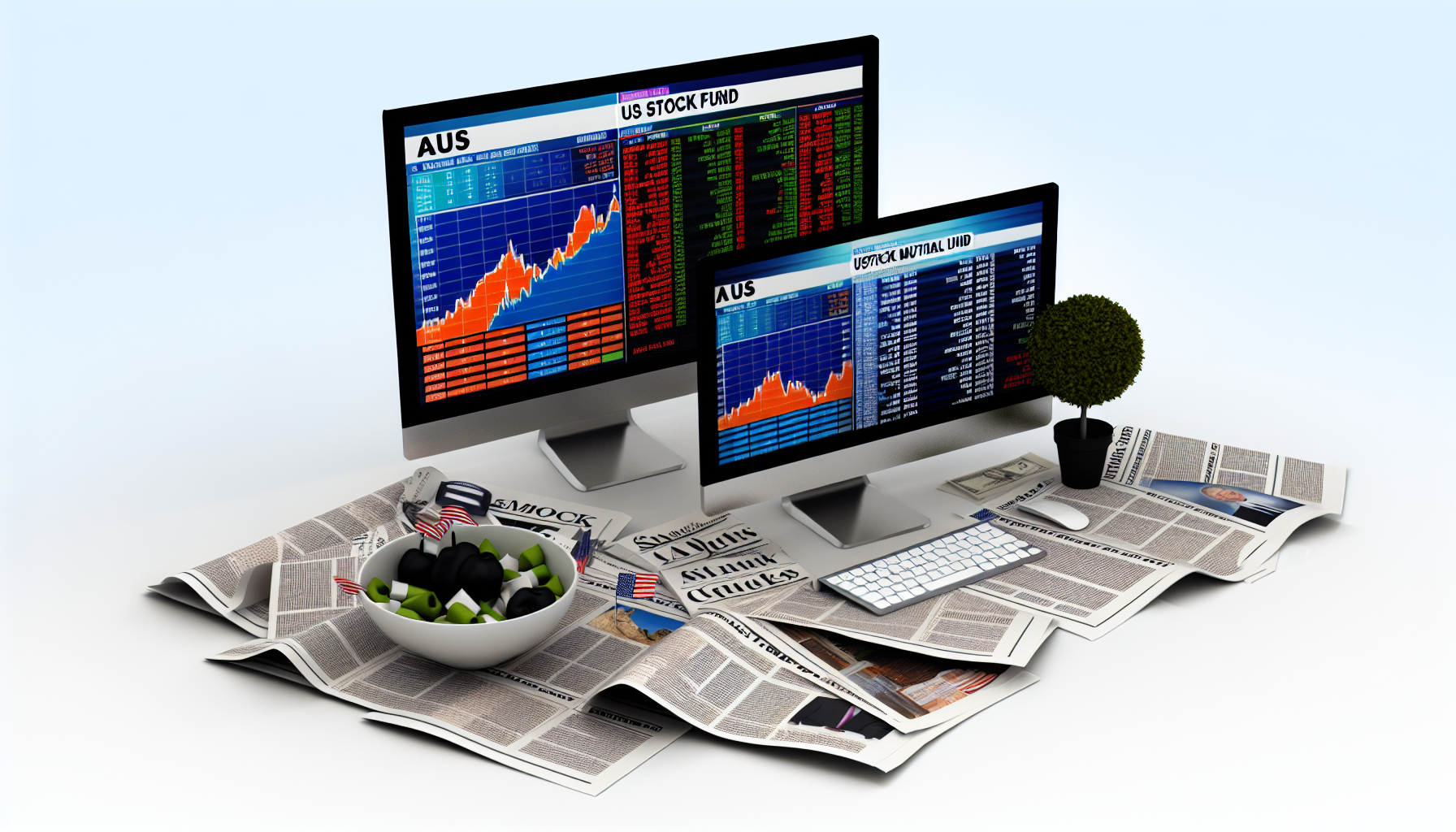 Eine detaillierte Ansicht des Konzepts eines US-Aktienfonds. Visualisieren Sie ein elegantes, modernes Schreibtisch-Setup mit zwei Computerbildschirmen. Ein Bildschirm könnte ein farbenfrohes Diagramm anzeigen, das den Anstieg und Fall der Aktienkurse veranschaulicht, während der andere eine Tabelle mit verschiedenen amerikanischen Firmennamen zeigt. Der Schreibtisch ist mit Zeitungen bedeckt, einige geöffnete Berichte zeigen die Performance verschiedener US-Aktien. Außerdem sollte eine Schüssel mit Papieren enthalten sein, die Aktienzertifikate von mehreren in den USA ansässigen Unternehmen zeigen. An der Seite kann ein Blumentopf stehen, der das Wachstumspotenzial von Investitionen in Aktien betont.