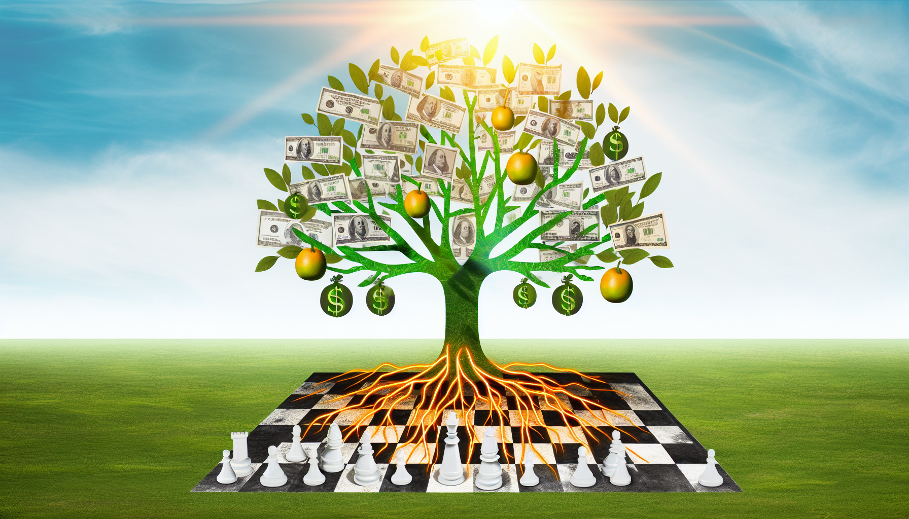 Eine Visualisierung von passivem Einkommen durch Strategie. Das Bild kÃ¶nnte einen abstrakten finanziellen Baum zeigen, dessen Wurzeln verschiedene Investitionen reprÃ¤sentieren, die ihn nÃ¤hren. Dollarnoten kÃ¶nnten als FrÃ¼chte an den Ã„sten wachsen und symbolisieren die FrÃ¼chte kluger Investitionen. Der Baum kÃ¶nnte auf einem Ã¼ppigen Feld vor einem strahlend sonnigen Himmel stehen, was Wachstum und Wohlstand impliziert. Unter dem Baum kÃ¶nnte ein Schachbrett liegen, auf dem symbolische Schachfiguren angeordnet sind, was auf strategische Planung und kluge ZÃ¼ge hinweist. Diese Komposition wÃ¼rde als innovative MÃ¶glichkeit dienen, das Konzept des strategischen passiven Einkommens darzustellen.