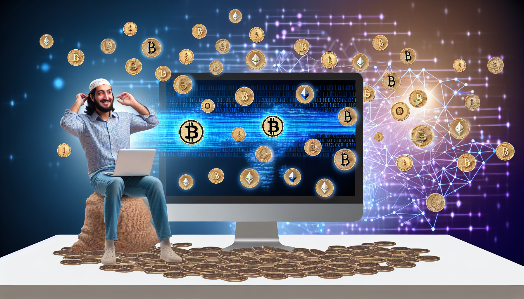Stellen Sie sich ein Konzept vor, das passives Einkommen mit digitalen Vermögenswerten veranschaulicht. Im Vordergrund steht ein Computer mit zahlreichen Symbolen, die verschiedene digitale Währungen wie Bitcoin, Ethereum und andere repräsentieren. Auf dem Bildschirm fließen binäre Codes, die digitale Transaktionen darstellen. Hinter dem Computer sitzt ein Mann mittlerer östlicher Abstammung auf einem großen Haufen Münzen, der Wohlstand symbolisiert. Er trägt legere Kleidung und beobachtet mit einem zufriedenen Lächeln den Computerbildschirm. Im Hintergrund könnte ein abstraktes Konzept des Internets des Geldes oder der Blockchain-Technologie schweben.