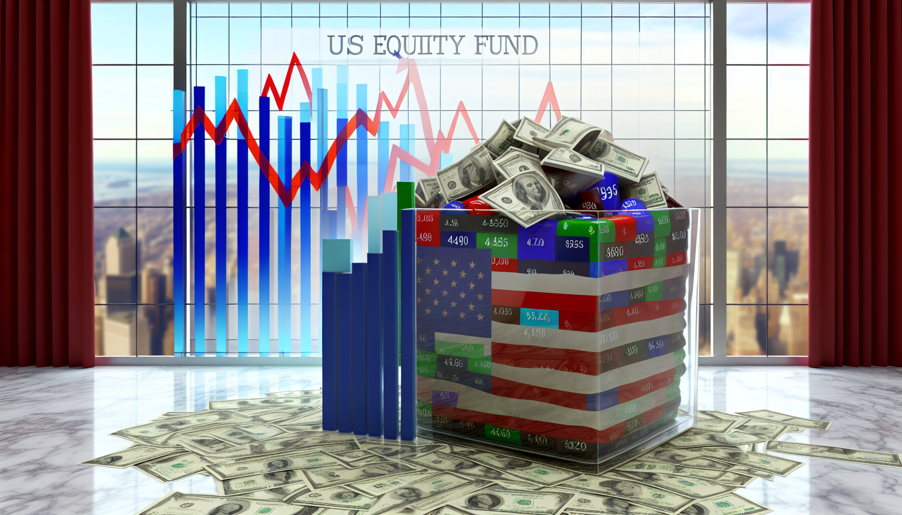 Visuelle Darstellung eines US-Aktienfonds, symbolisiert durch einen großen Haufen vielfältiger US-Aktien, die in verschiedenen Farben und Größen dargestellt sind, eingehüllt in einen klaren Glasbehälter mit einem Finanzwachstumsdiagramm im Hintergrund. Der Boden unter dem Behälter ist mit Dollar-Scheinen bedeckt. Die Umgebung ist ein gut beleuchtetes, modernes Büro mit einem Panoramafenster, das die Skyline einer amerikanischen Stadt im Hintergrund zeigt, möglicherweise Wall Street. Diese Darstellung soll die Investitionsnatur von Aktienfonds und ihr Potenzial für finanzielles Wachstum hervorheben.