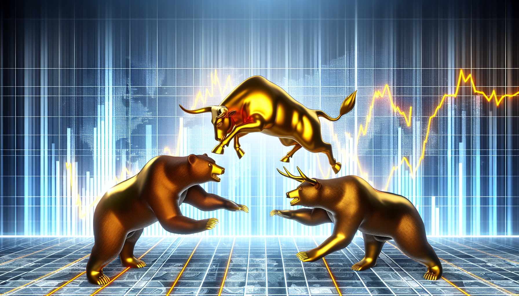 Ein leistungsstarker amerikanischer Aktienfonds wird als goldener Bulle und Bär in einem dynamischen Wrestling-Match dargestellt, das die ständigen Kämpfe auf dem Markt symbolisiert. Der Bulle sprüht vor Energie und repräsentiert einen steigenden Markt, während der Bär aggressiv defensiv ist und einen fallenden Markt darstellt. Ein komplexes Liniendiagramm ist auf dem Boden eingebettet und zeigt die Höhen und Tiefen der Fondsperformance. Der Hintergrund ist eine Mischung aus Unternehmenshochhäusern, die die Unternehmenswelt widerspiegeln, die mit Investitionen und dem Fondsgeschäft verbunden ist.
