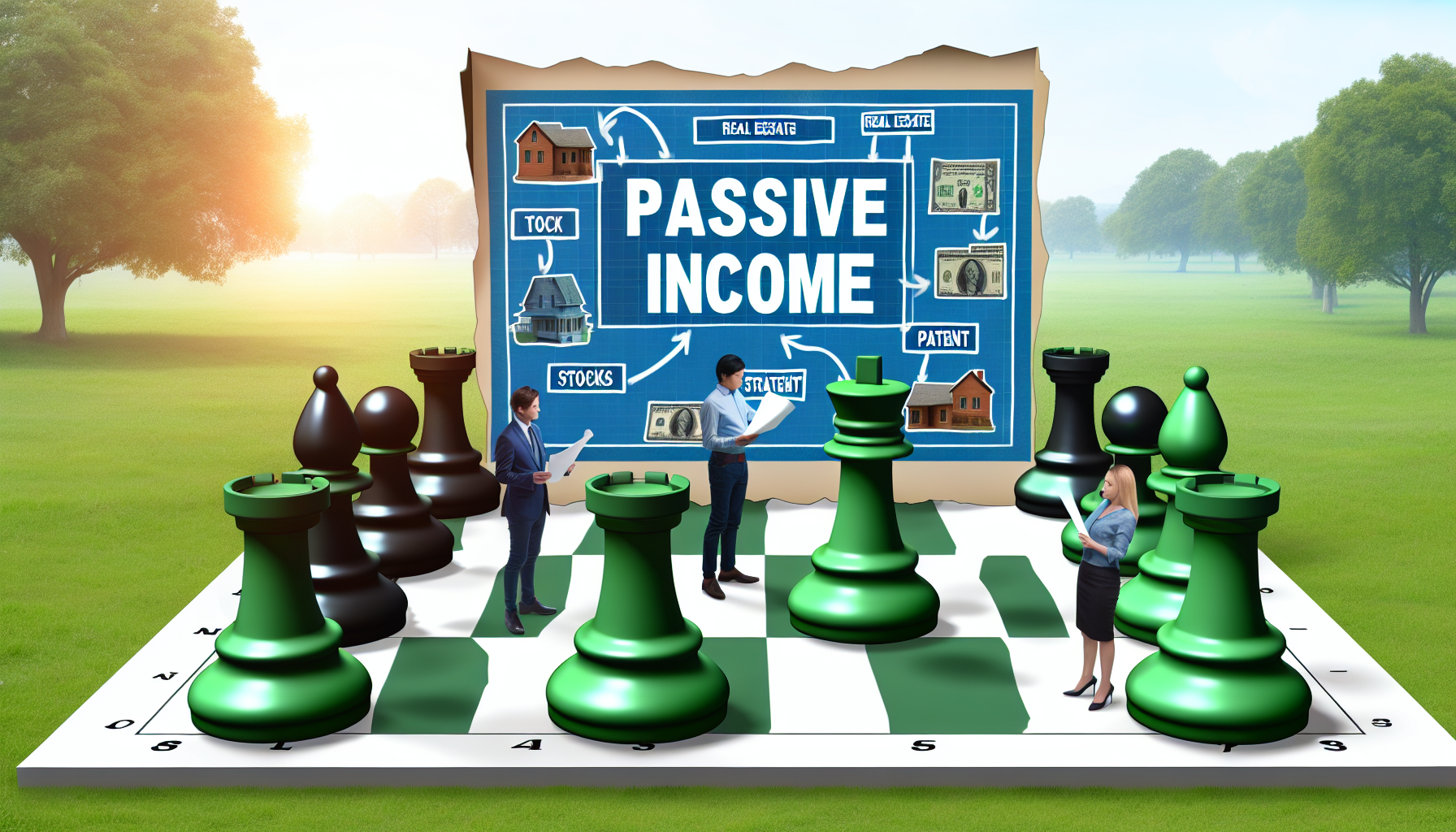 Eine Illustration, die das Konzept des passiven Einkommens durch Strategie zeigt. Stellen Sie sich ein riesiges Schachbrett auf einem grÃ¼nen Feld vor. Die Schachfiguren sind mit Quellen passiven Einkommens beschriftet, wie Immobilien, Aktien und Patente. Neben dem Brett sind einige Personen, ein kaukasischer Mann und eine schwarze Frau, zu sehen, die einen Plan mit der Aufschrift 'Strategie' studieren. Der Tag ist hell und sonnig, was auf eine hoffnungsvolle Zukunft hindeutet. Dieses Bild sollte die sorgfÃ¤ltige Planung und strategisches Denken verkÃ¶rpern, die notwendig sind, um erfolgreich passives Einkommen zu generieren.