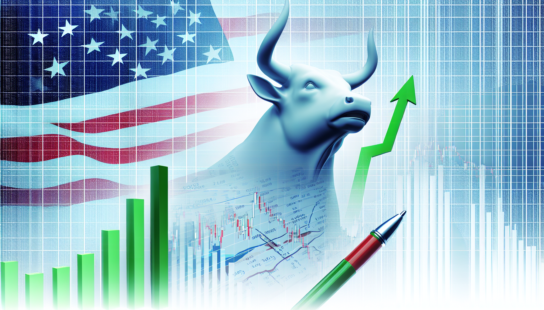 Eine detaillierte Illustration eines Aktienfonds-Konzepts mit Hinweisen auf den US-Markt. Das Bild sollte einen selbstbewussten Bullen darstellen, der symbolisch f&Atilde;&frac14;r die St&Atilde;&curren;rke des Marktes steht. Im Hintergrund ist eine abstrakte Darstellung eines steigenden Aktienmarktgraphen zu sehen. Diagramme mit positiven Trends, nach oben zeigenden Pfeilen und &Atilde;&frac14;berzeugenden gr&Atilde;&frac14;nen Balken sollten enthalten sein. Zus&Atilde;&curren;tzlich sollte eine amerikanische Flagge subtil im Bild platziert werden, um den US-Markt zu betonen. Das gesamte Bild sollte Optimismus, Wachstum und finanziellen Erfolg ausstrahlen.