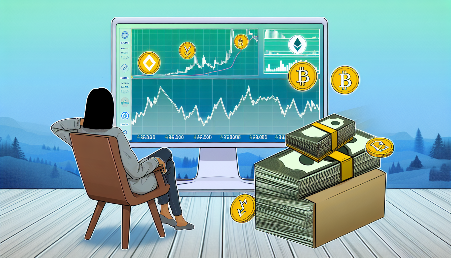 Ein illustratives Bild, das das Verdienen von passivem Einkommen mit digitalen Vermögenswerten zeigt. Auf dem Computerbildschirm sind verschiedene digitale Währungen und deren Leistungskurven zu sehen, was auf potenzielle Einkommensgenerierung hinweist. Daneben liegt ein Stapel traditioneller Papiergeldscheine, der die aus diesen digitalen Vermögenswerten erzielten Gewinne symbolisiert. Eine entspannte asiatische Frau sitzt in einem Stuhl und beobachtet den Bildschirm, was darauf hindeutet, dass ihr Einkommen passiv ist und keine tägliche, anstrengende Arbeit erfordert. Die Umgebung ist friedlich und vermittelt den Eindruck eines gemütlichen Arbeitsplatzes oder Zuhauses, mit einer Kaffeetasse auf dem Schreibtisch.