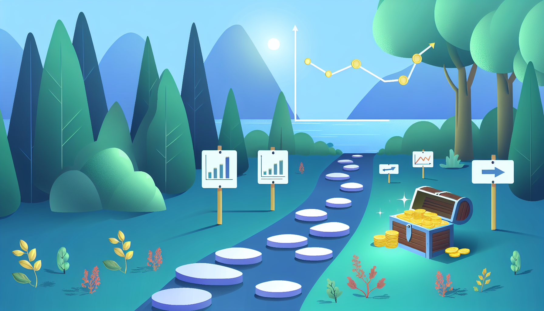 Illustration eines strategischen Pfades, der zu einer Schatztruhe voller Münzen führt, die passives Einkommen symbolisiert. Es enthält Diagramme und Grafiken, einen Weg, der mit Trittsteinen in einem Wald gefüllt ist, mit Entscheidungsschildern, die zur Schatztruhe führen. Die Umgebung strahlt Ruhe und Ausdauer aus. Das Farbschema ist eine beruhigende Mischung aus Blau- und Grüntönen.