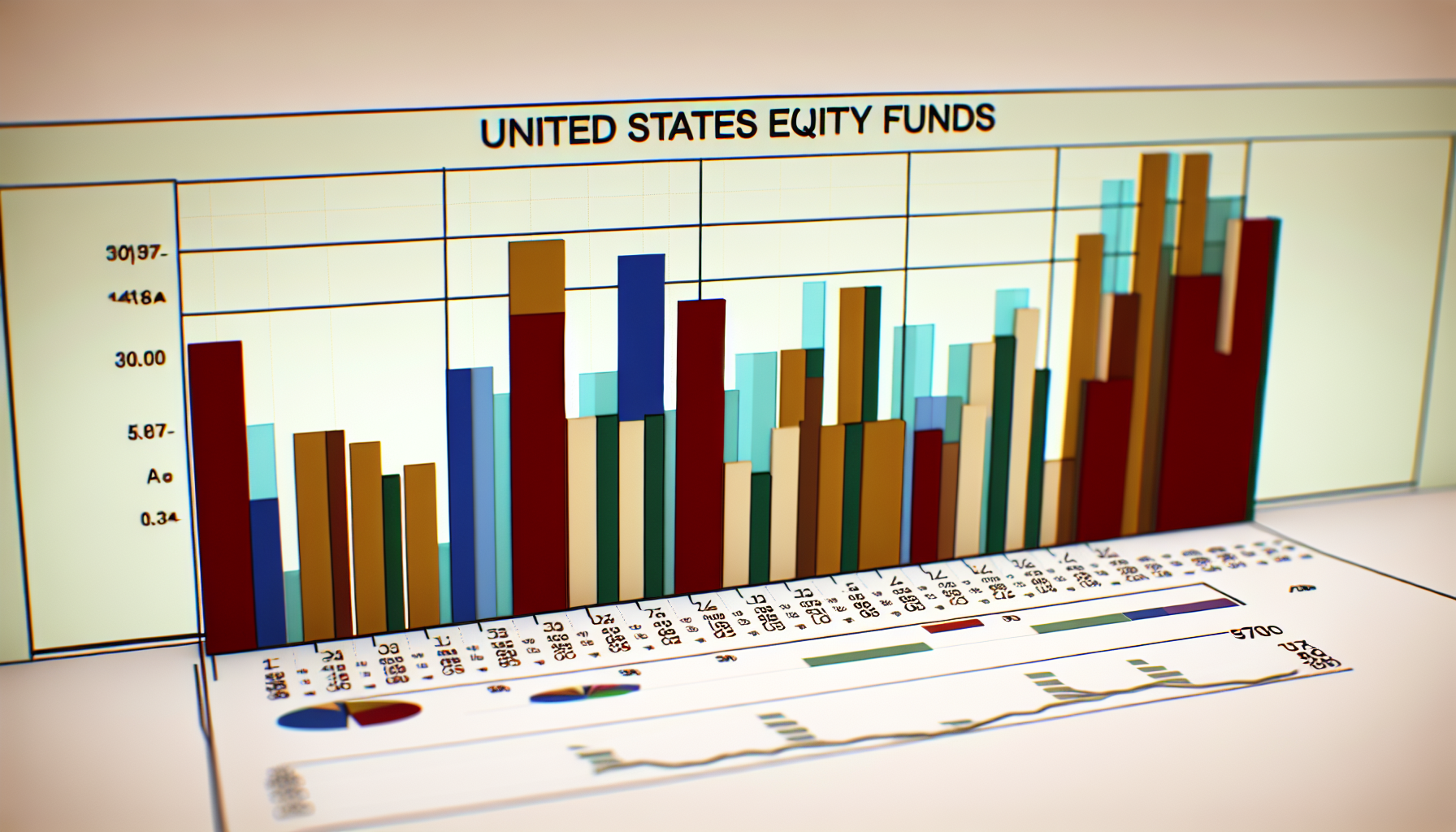 Eine bildliche Darstellung von US-Aktienfonds, visualisiert als Balkendiagramm mit unterschiedlichen Höhen, wobei Farben verschiedene Sektoren repräsentieren. Das Diagramm befindet sich auf einem hellen Hintergrund, und auf der linken Seite gibt es eine vertikale Achse mit numerischen Werten, die die relative Leistung anzeigen, von niedrig bis hoch. Unten listet die horizontale Achse die verschiedenen Sektoren auf, die im Aktienfonds enthalten sind. Das Diagramm ist von einem dünnen Rand umgeben. Oben im Bild steht in fetter Schrift der Titel 'US-Aktienfonds'.