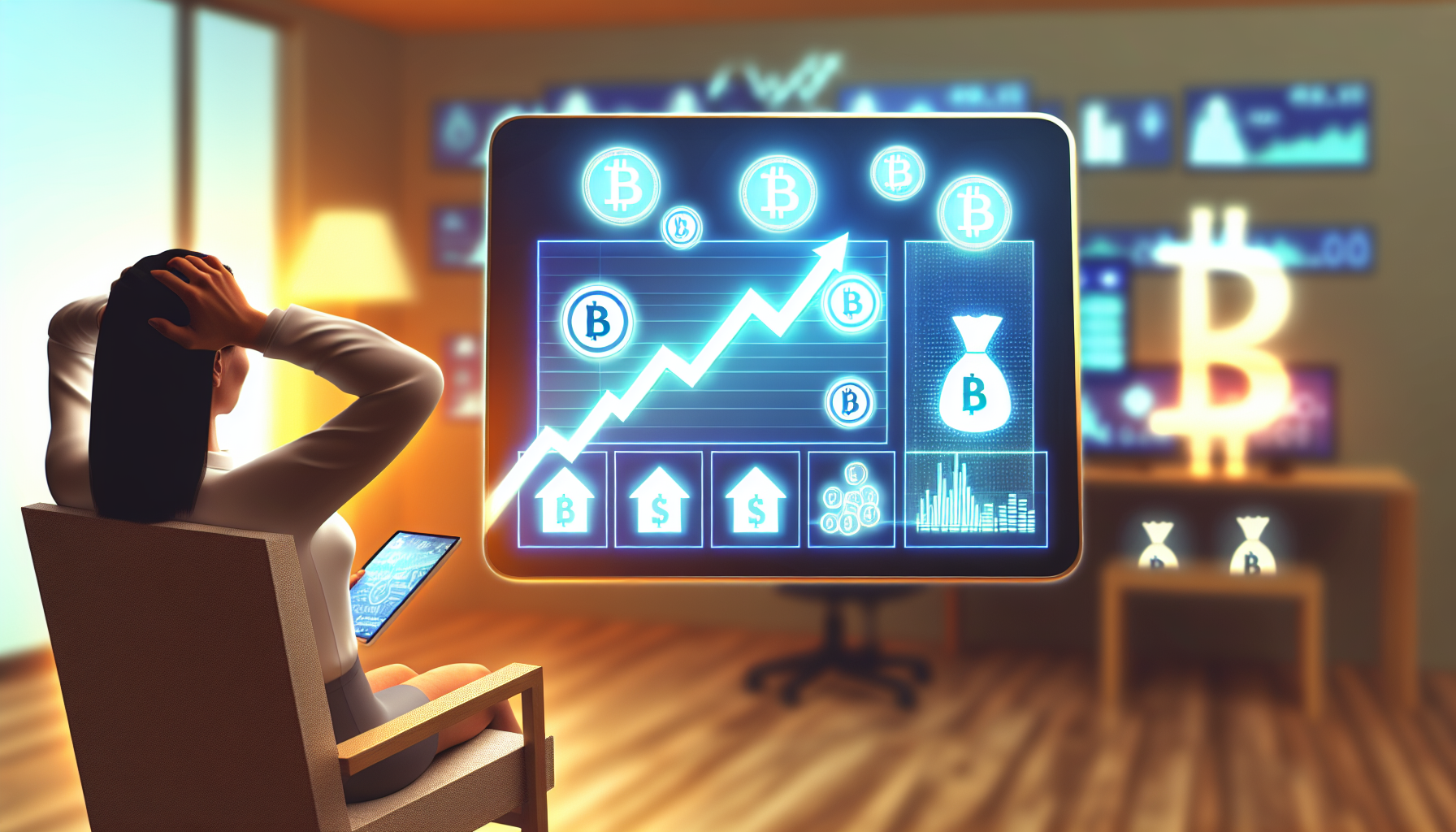 Eine Illustration, die das Konzept des passiven Einkommens mit digitalen VermÃ¶genswerten darstellt. Das Bild umfasst eine Vielzahl von Symbolen fÃ¼r digitalen Reichtum, wie Bitcoins, Anleihen, Aktien und Immobilien. Diese sind auf einem intelligenten GerÃ¤t wie einem Tablet oder Laptop platziert, das ein aufsteigendes Diagramm zeigt, das auf eine Einnahmesteigerung hinweist. Eine kaukasische Frau sitzt bequem auf einem Stuhl und beobachtet den Bildschirm mit Zufriedenheit. Der Raum ist warm beleuchtet und vermittelt eine entspannte AtmosphÃ¤re, vielleicht den Komfort des eigenen Zuhauses. Im Hintergrund sind verschiedene Bildschirme zu sehen, die unterschiedliche Finanzanalysedaten anzeigen.