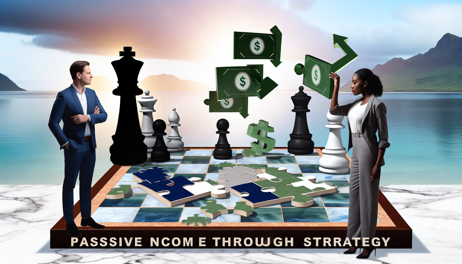 Eine konzeptionelle Darstellung von passivem Einkommen durch Strategie. Das Bild zeigt einen kaukasischen Mann und eine schwarze Frau, die gemeinsam an einem anspruchsvollen Schachspiel arbeiten, mit symbolischen Elementen wie Geld, Pfeilen, die Wachstum anzeigen, und PuzzlestÃ¼cken, die verschiedene Komponenten der Strategie reprÃ¤sentieren. Der Hintergrund zeigt eine friedliche KÃ¼stenszene, die finanzielle Freiheit symbolisiert, und das Spiel findet auf einem Marmortisch im Schatten eines Baumes statt. Der Gesamteindruck des Bildes sollte die Ruhe und Sicherheit vermitteln, die mit einem erfolgreichen passiven Einkommensstrom einhergehen.