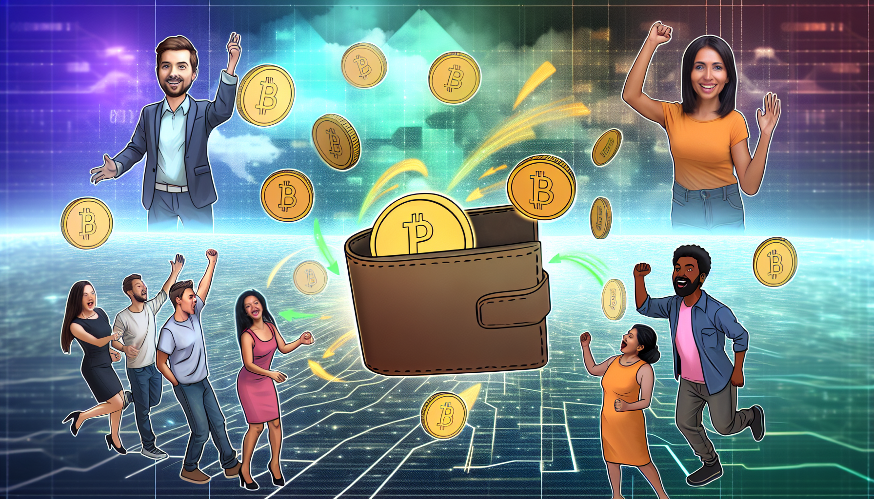 Eine konzeptionelle Illustration, die den Prozess des Verdienens von passivem Einkommen mit digitalen VermÃ¶genswerten zeigt. Stellen Sie digitale MÃ¼nzen dar, die in eine Brieftasche flieÃŸen, vor einem Hintergrund, der den Cyberspace symbolisiert. Zeigen Sie auÃŸerdem einige Influencer unterschiedlicher Herkunft, die jubeln, digitale VermÃ¶genswerte bewerben und deren Nutzung fÃ¼r passives Einkommen unterstÃ¼tzen. EinschlieÃŸlich einer Frau aus dem Nahen Osten, einem kaukasischen Mann, einer Frau aus SÃ¼dasien und einem schwarzen Mann. Jeder von ihnen sollte visuell unterschiedlich, einzigartig und in AktivitÃ¤ten engagiert sein, die das Konzept des passiven Einkommens reprÃ¤sentieren.
