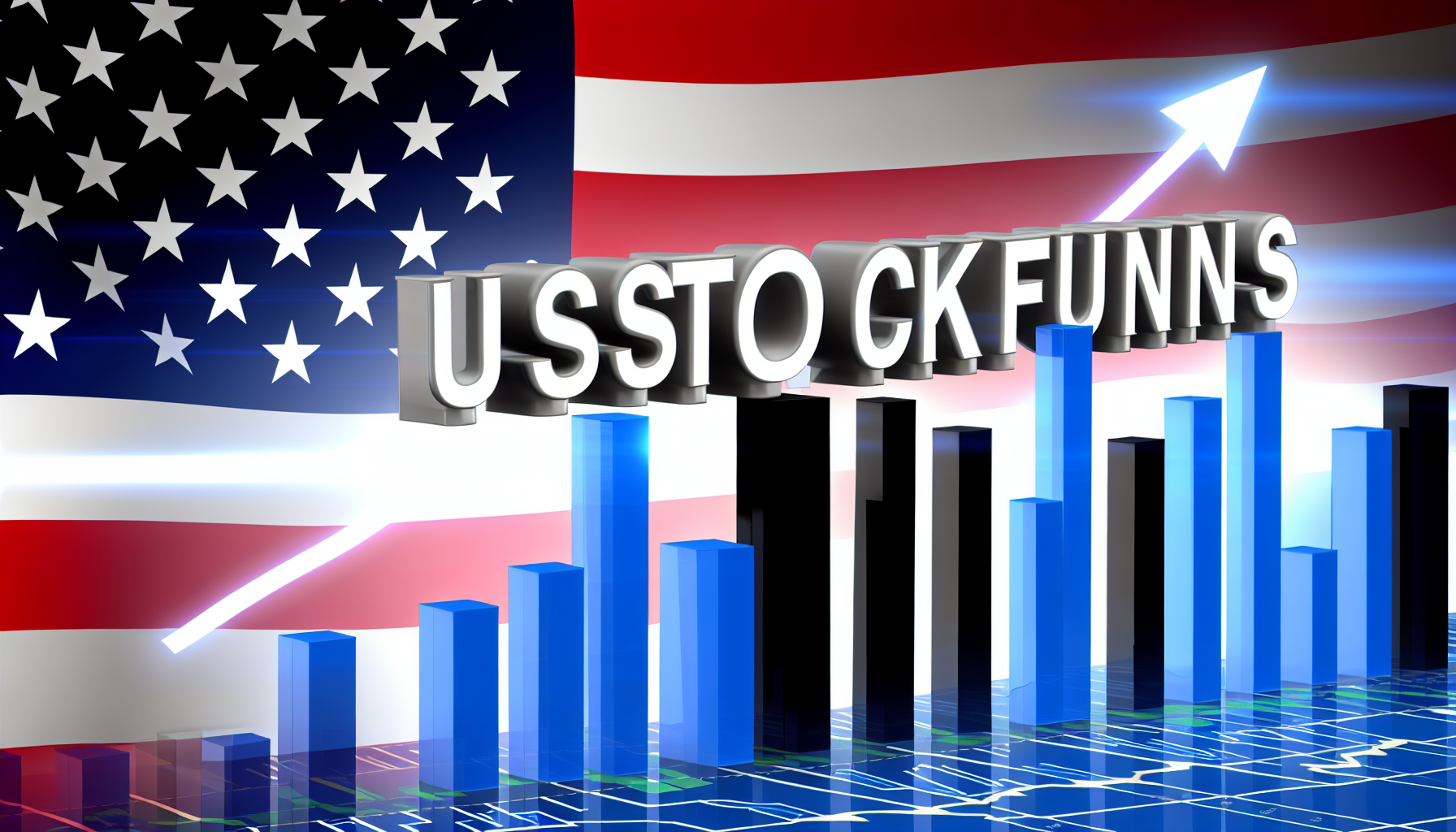 Verschiedene US-Aktienfonds, dargestellt als hohe Grafiken vor dem Hintergrund der amerikanischen Flagge. Die Grafiken wachsen und zeigen den Anstieg des Aktienmarktes. Über den Grafiken sind die Texte 'US Aktienfonds' in auffälligen, fetten Buchstaben prominent platziert.