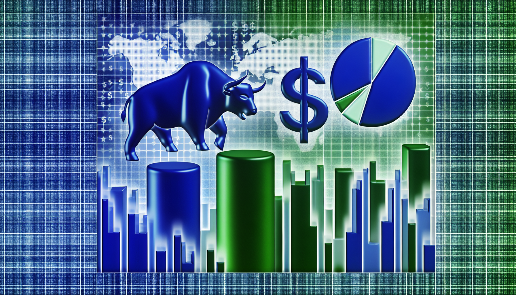 Eine symbolische Illustration eines US-Investmentfonds mit Schwerpunkt auf Aktien. Das Bild besteht aus finanziellen Symbolen wie Dollarzeichen, einem Bullen und einem BÃ¤ren, die die Markttrends darstellen, Balkendiagrammen, die Wachstum und RÃ¼ckgang zeigen, sowie einem Tortendiagramm, das diversifizierte Investitionen symbolisiert. Die Farben im Bild sind Ã¼berwiegend Blau und GrÃ¼n, was Vertrauen und Gewinn symbolisiert.
