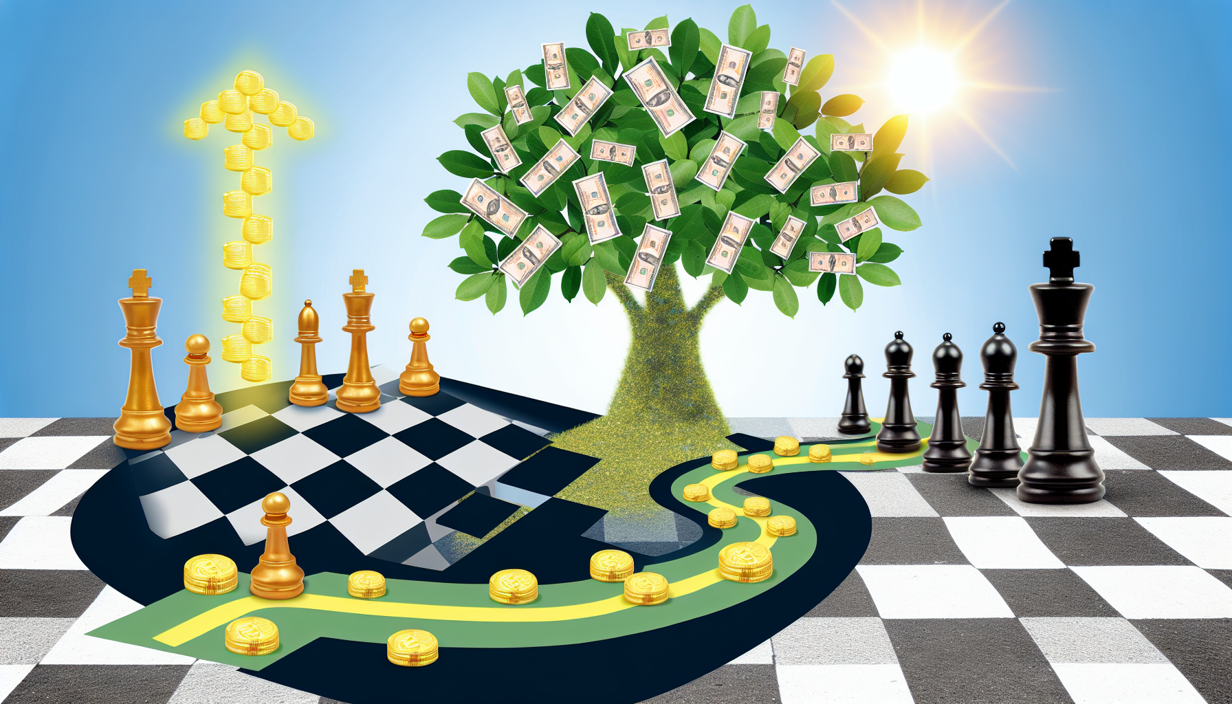 Eine visuelle Darstellung der passiven Einkommensgenerierung durch Strategie. Die Szene sollte Schachfiguren auf einem Brett enthalten, um Strategie darzustellen, und einen Baum mit Geldscheinen als Blättern, um passives Einkommen zu repräsentieren. Außerdem sollte ein Weg aus Goldmünzen gezeigt werden, der auf ein helles Licht am Ende führt und die kontinuierliche und wachsende Natur des passiven Einkommens symbolisiert.