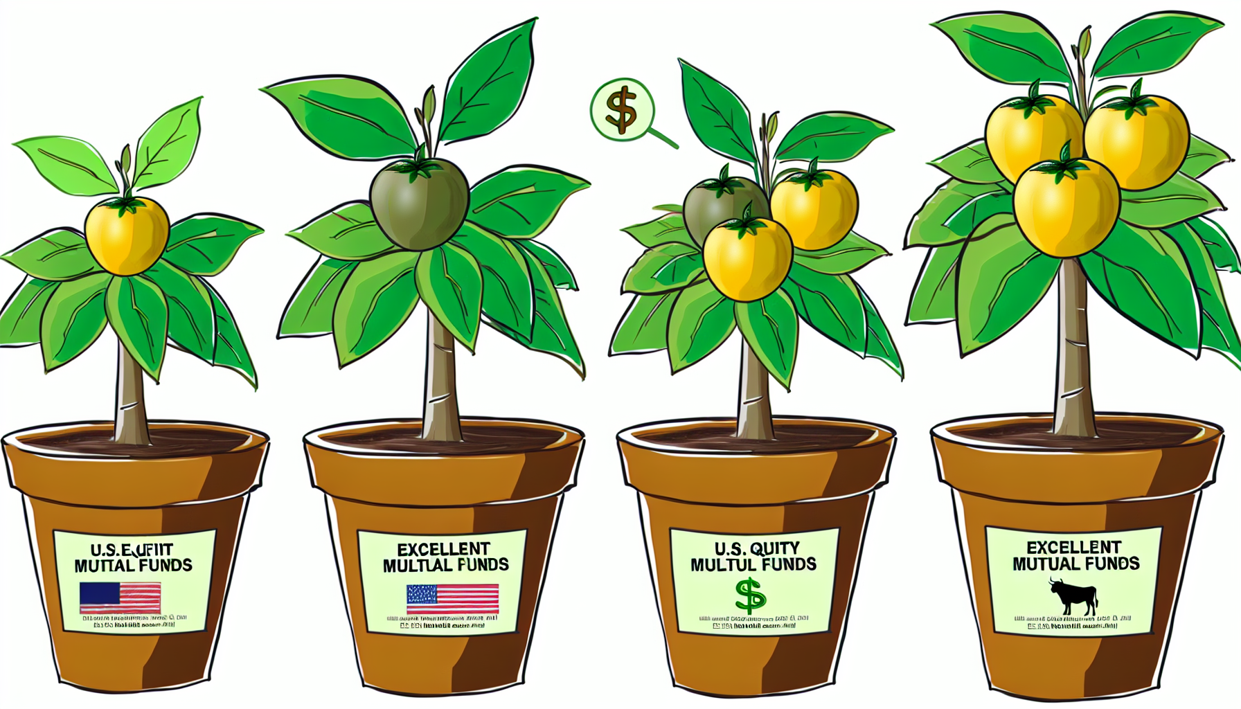 Illustration von hervorragenden US-Aktienfonds, dargestellt als wachsende grüne Pflanzen in Tontöpfen mit Etiketten, die ihre Leistung zeigen. Jeder Topf hat ein Etikett mit US-Symbolen, wie dem Dollarzeichen und dem Wall Street-Bullen, die ihren amerikanischen Ursprung widerspiegeln. Die Pflanzen selbst sind grün, blättrig und gesund, und tragen goldene Früchte, die ihre lukrativen Renditen symbolisieren.