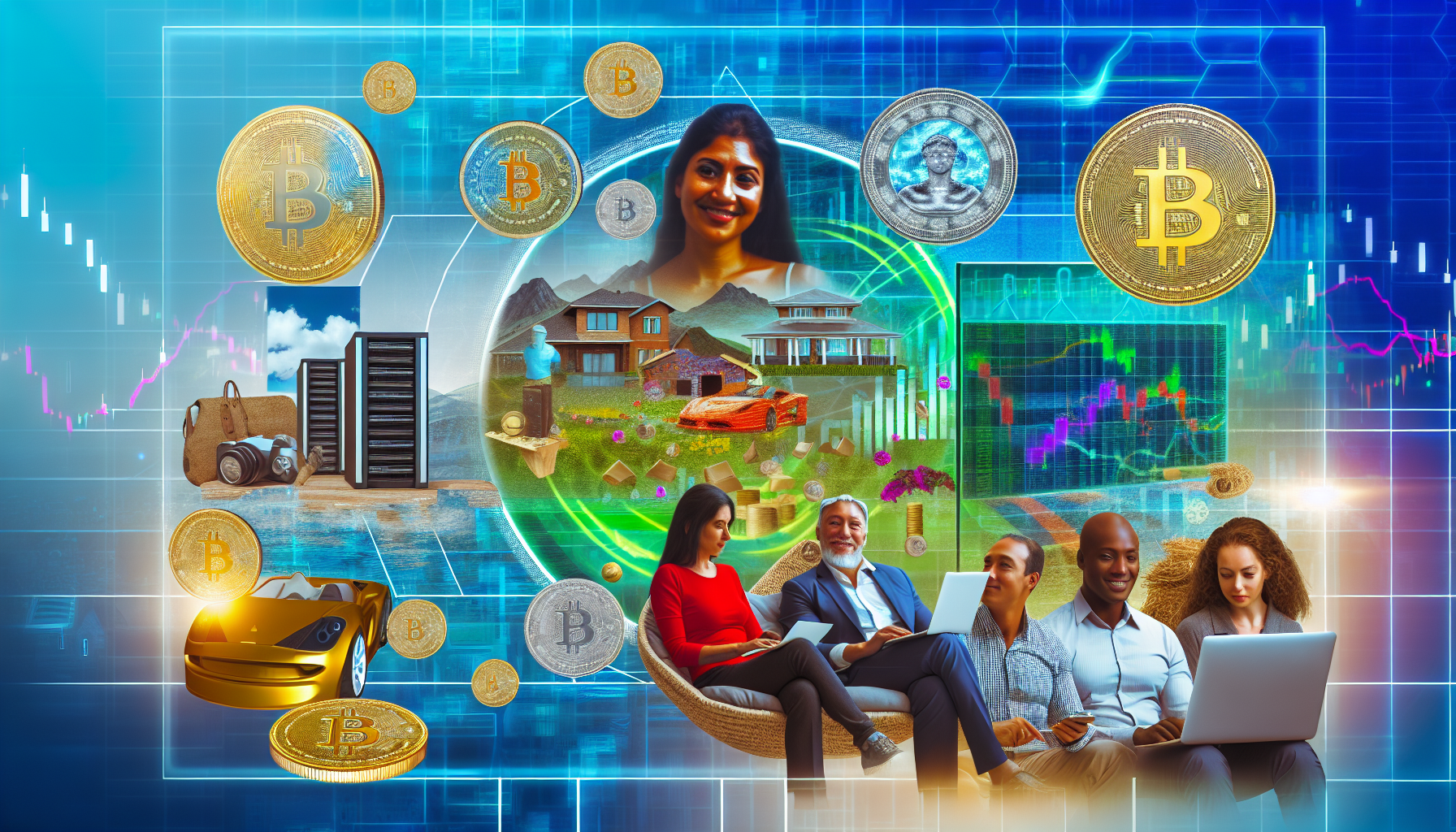 Eine aufschlussreiche Interpretation von passivem Einkommen, das durch digitale VermÃ¶genswerte generiert wird. Zeigen Sie eine lebendige Collage, die digitale MÃ¼nzen, Webserver und Aktienmarktgrafiken darstellt, die symbolisch fÃ¼r Investitionsrenditen stehen. Verflechten Sie Symbole des Wohlstands wie gehobene HÃ¤user, Luxusautos und opulente Urlaube, die die Belohnungen eines gut verwalteten passiven Einkommens darstellen. Integrieren Sie eine vielfÃ¤ltige Gruppe von Personen, die mit futuristischen GerÃ¤ten ihre digitalen Investitionen verwalten. Eine sÃ¼dasiatische Frau in ihren 30ern mit einem Laptop, ein hispanischer Mann in seinen 50ern, der ein digitales Display Ã¼berwacht, und ein junger schwarzer Mann, der mit seinem Handy arbeitet.