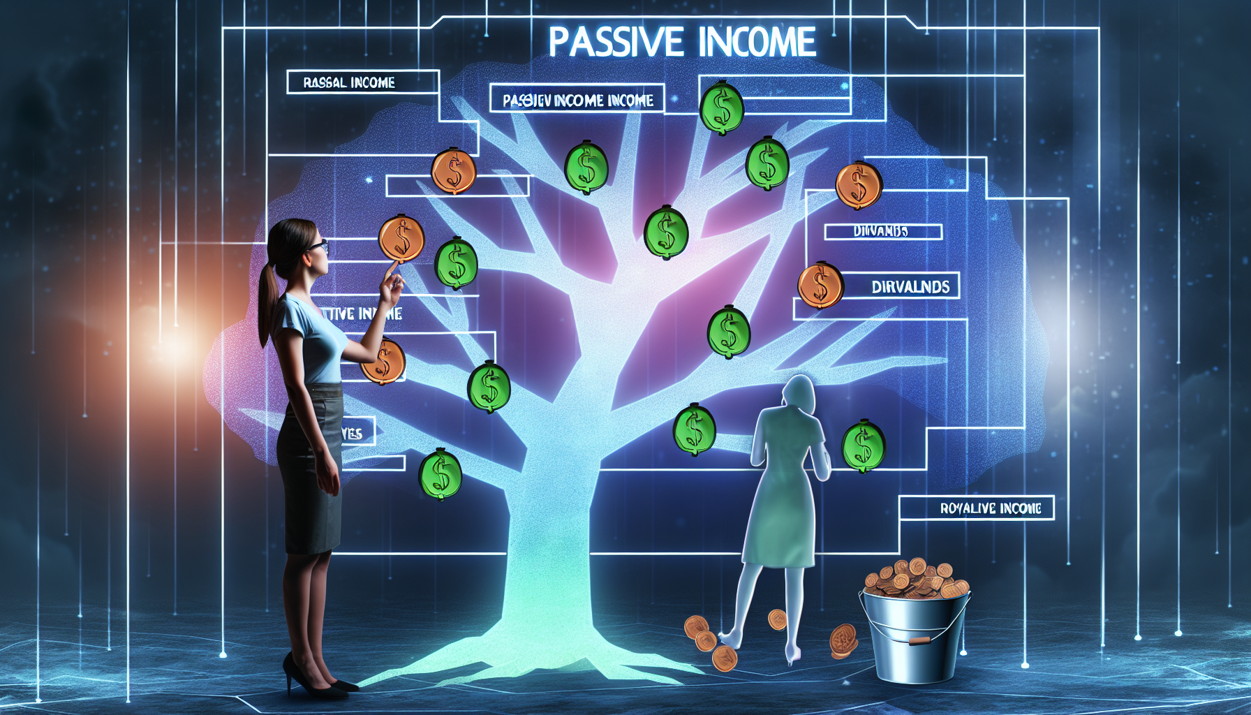 Eine Illustration, die eine Strategie für passives Einkommen zeigt. Das Bild könnte einen großen Baum mit zahlreichen Ästen haben, wobei jeder Ast eine Quelle für passives Einkommen symbolisiert, wie Mieteinnahmen, Dividenden, Lizenzgebühren und Ähnliches. Eine kaukasische Frau steht neben dem Baum und plant ihre Strategie auf einem futuristischen holografischen Bildschirm. Münzen und Dollar fallen vom Baum und werden in einem großen Eimer gesammelt, was die Sammlung von passivem Einkommen symbolisiert.