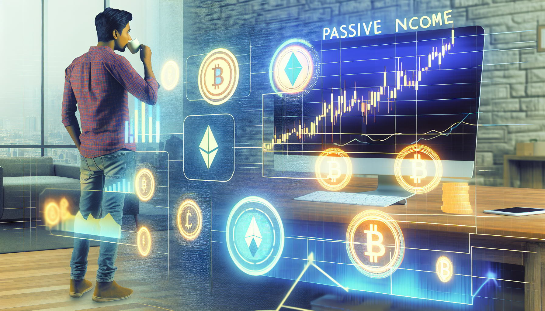 Ein Bild, das das Konzept des passiven Einkommens durch digitale VermÃ¶genswerte darstellt. Die Szene zeigt einen Computerbildschirm mit Grafiken und Diagrammen, die das Wachstum des Wertes digitaler VermÃ¶genswerte veranschaulichen. Verschiedene erkennbare Symbole digitaler VermÃ¶genswerte wie KryptowÃ¤hrungen sind vorhanden. Im Hintergrund ist eine Person sÃ¼dasiatischer Herkunft in lÃ¤ssiger Kleidung zu sehen, die entspannt Kaffee trinkt und den Fortschritt beobachtet. Die AtmosphÃ¤re ist entspannt und vermittelt den Vorteil des passiven Einkommens â€“ die MÃ¶glichkeit, ohne aktive Arbeit zu verdienen, sobald die anfÃ¤ngliche Einrichtung abgeschlossen ist.