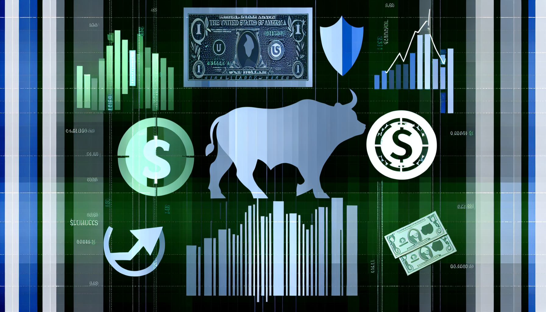 Eine grafische Darstellung, die das Konzept von US-Investmentfonds, die in Aktien investieren, veranschaulicht. Das Bild sollte Symbole wie einen Bullen und einen B&Atilde;&curren;ren, Darstellungen von Aufw&Atilde;&curren;rts- und Abw&Atilde;&curren;rtstrends in der Wirtschaft, Aktienmarktgrafiken und -diagramme, Geldscheine und M&Atilde;&frac14;nzen sowie einen Barcode enthalten. Die Farbgestaltung sollte &Atilde;&frac14;berwiegend in Gr&Atilde;&frac14;n, Blau und Silber gehalten sein.