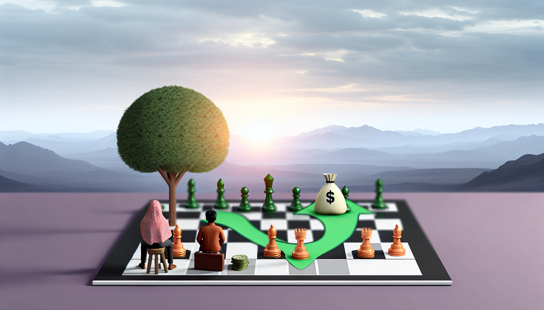 Eine konzeptionelle Darstellung von passivem Einkommen durch Strategie. Die Szene zeigt eine Person sÃ¼dasiatischer Abstammung, die an einem Schachbrett sitzt, was Strategie symbolisiert. Auf der anderen Seite des Brettes befindet sich anstelle eines traditionellen Gegners ein Geldbaum, der passives Einkommen symbolisiert. Die Schachfiguren sind Miniatur-Dollar-Scheine und MÃ¼nzen. Im Hintergrund erstreckt sich eine sanfte Landschaft mit sanften HÃ¼geln unter einem Morgenhimmel, der den Beginn eines erfolgreichen Unternehmens anzeigt.