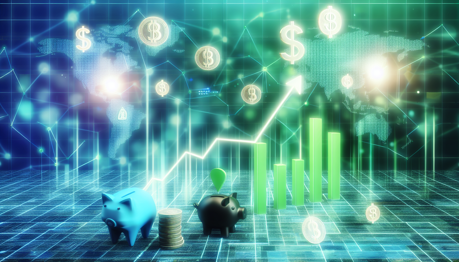 Stellen Sie sich eine visuelle Darstellung der passiven Einkommensgenerierung durch digitale VermÃ¶genswerte vor. In der Mitte dieses Bildes befindet sich ein digitaler Bildschirm, der steigende Grafiken zeigt, wÃ¤hrend Dollarzeichen-MÃ¼nzen in ein Sparschwein fallen. Rund um den Bildschirm schweben Symbole verschiedener digitaler VermÃ¶genswerte wie KryptowÃ¤hrungen, virtuelle Immobilien, digitale Kunst und Token. Der Hintergrund zeigt ein abstraktes digitales Netzwerk, das die Blockchain-Technologie symbolisiert. Die gesamte Szene ist in sanftes GrÃ¼n und Blau getaucht, was Optimismus und die digitale Natur des Themas widerspiegelt.