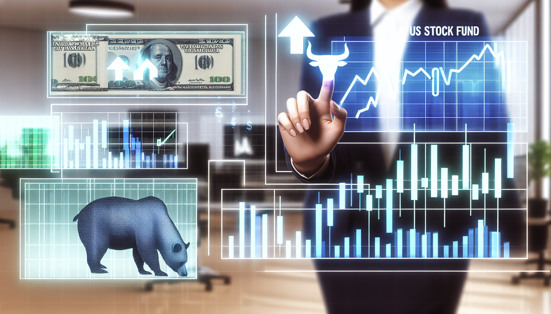 Ein Kunstwerk, das einen US-Aktienfonds auf eine anspruchsvolle Weise darstellt. Das Bild enth&Atilde;&curren;lt verschiedene Symbole, die mit dem Aktienmarkt verbunden sind, wie Bullen und B&Atilde;&curren;ren, Grafiken, die einen Aufw&Atilde;&curren;rtstrend zeigen, und US-W&Atilde;&curren;hrungsscheine. F&Atilde;&frac14;r ein menschliches Element ist die Hand einer asiatischen Frau, die elegant gekleidet ist, zu sehen, die auf die Grafiken zeigt. Der Hintergrund zeigt eine moderne B&Atilde;&frac14;roumgebung mit mehreren Computerbildschirmen, die Live-Daten des Aktienmarktes anzeigen.
