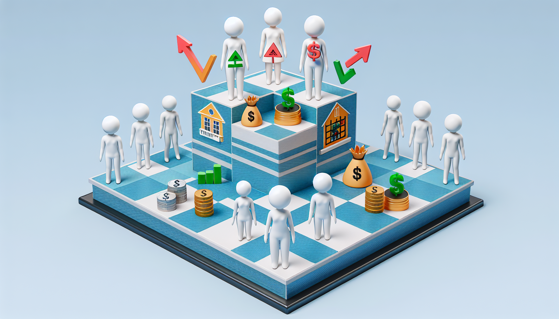 Eine visuelle Darstellung einer Strategie zur Generierung von passivem Einkommen. Sie umfasst ein mehrstufiges Schachbrett, wobei jede Ebene verschiedene Investitionen darstellt, wie Immobilien, Aktienmarkt und Online-GeschÃ¤fte. Finanzsymbole und WÃ¤hrungssymbole sind verstreut, um Gewinn zu suggerieren. Auf dem Schachbrett befinden sich humanoide Figuren unterschiedlicher Abstammung, wie Hispanics, Menschen aus dem Nahen Osten und WeiÃŸe, wobei beide Geschlechter gleichmÃ¤ÃŸig vertreten sind. Diese Figuren steuern die Schachfiguren und symbolisieren ihre strategische Planung.